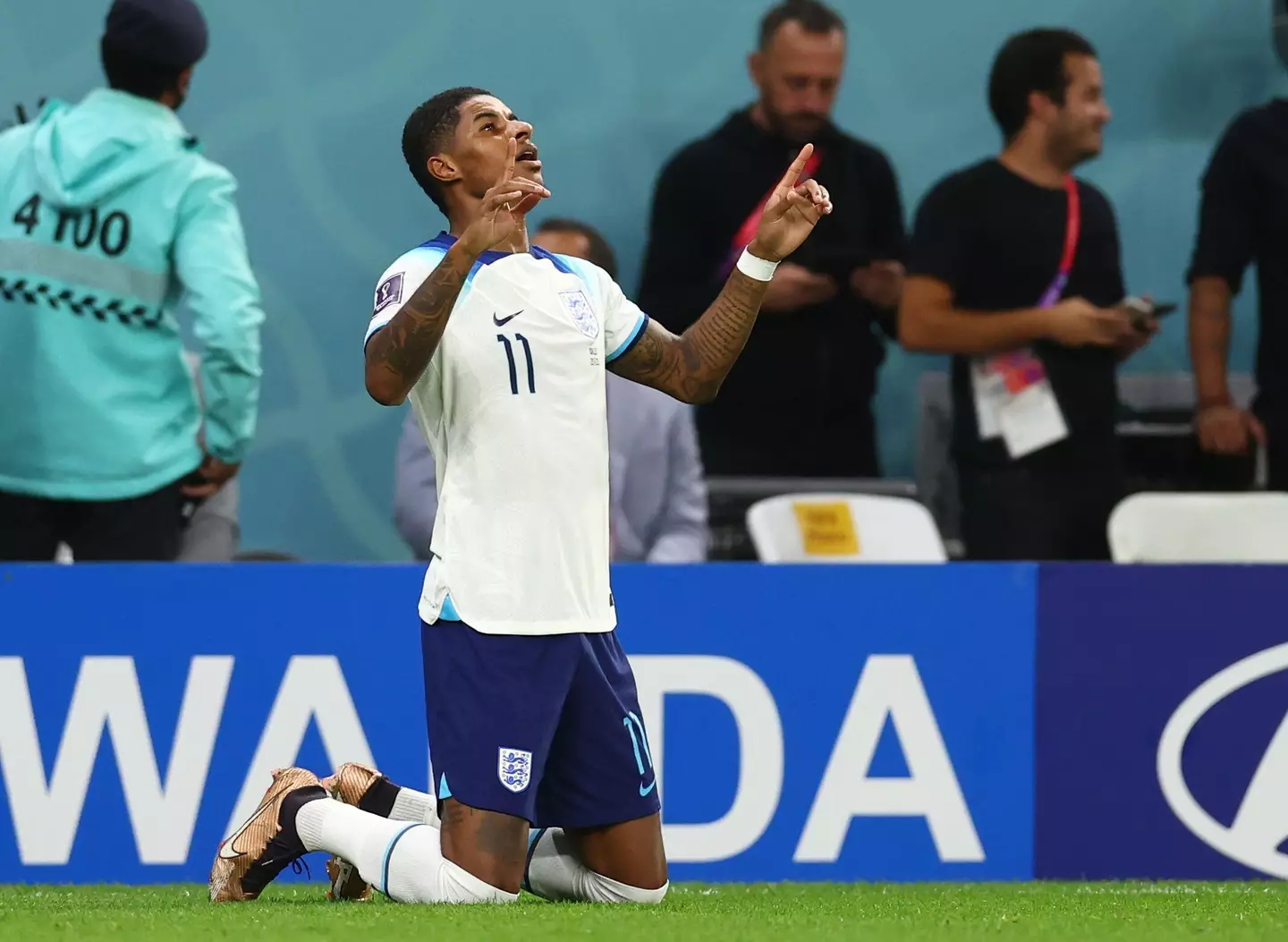 Rashford's first goal saw him drop to his knees and put one finger up into the air.