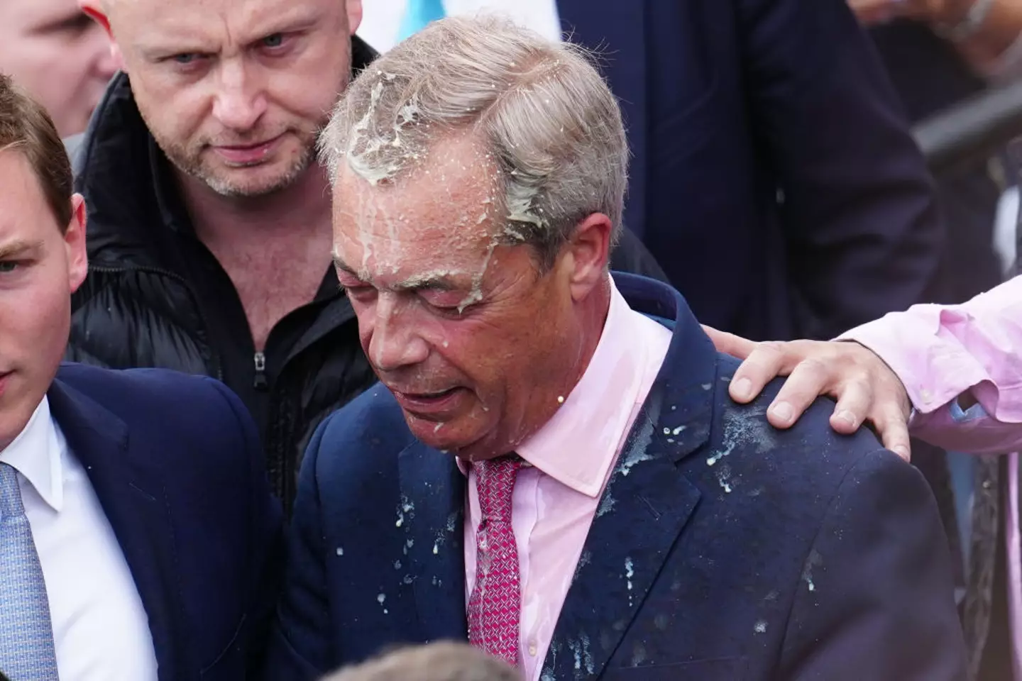 Nigel Farage was pelted with a milkshake as he left a pub in Clacton. (Carl Court/Getty Images)