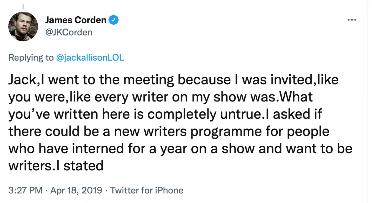 James Corden responds to allegations about Writers Guild meeting.