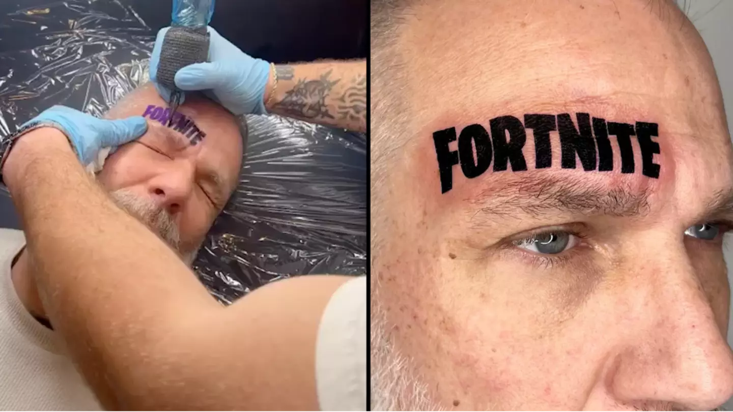 Dad gets a giant Fortnite tattoo on his forehead after losing a bet to his son