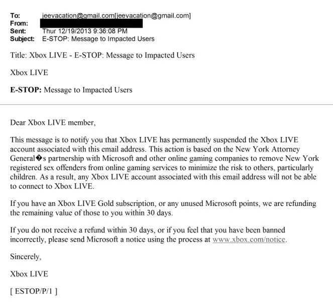 The email informing Epstein his Xbox Live account had been suspended (DoJ)
