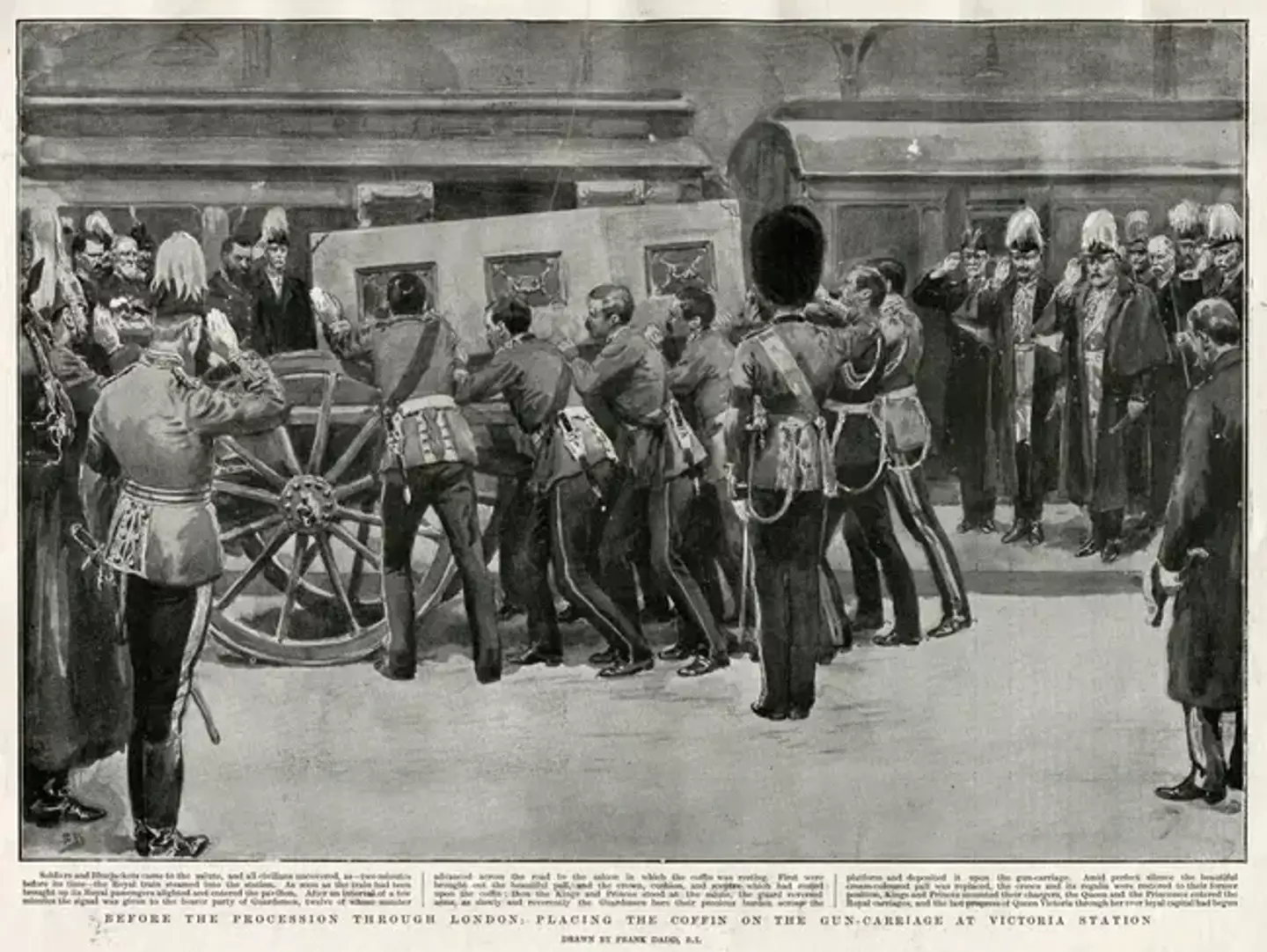 Soldiers loaded Queen Victoria's coffin onto the carriage.