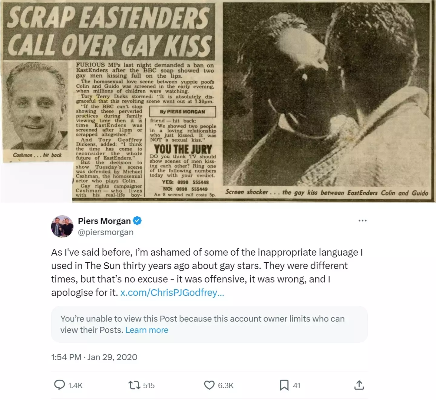 This was part of the reaction when the kiss was first broadcast, Piers Morgan later apologised for some of the language used. (The Sun/X/@piersmorgan)