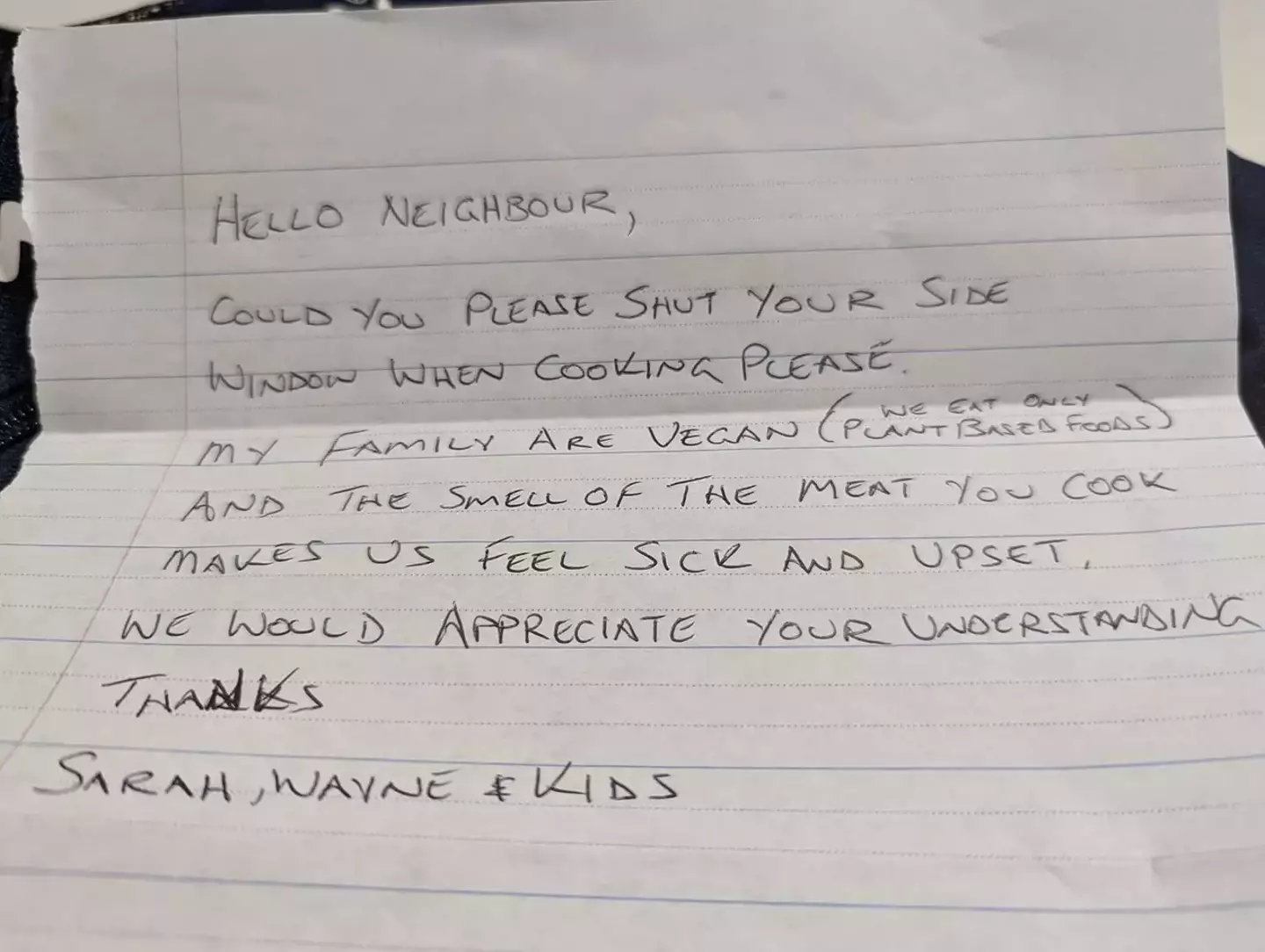 The first letter sent by the plant-based neighbour.