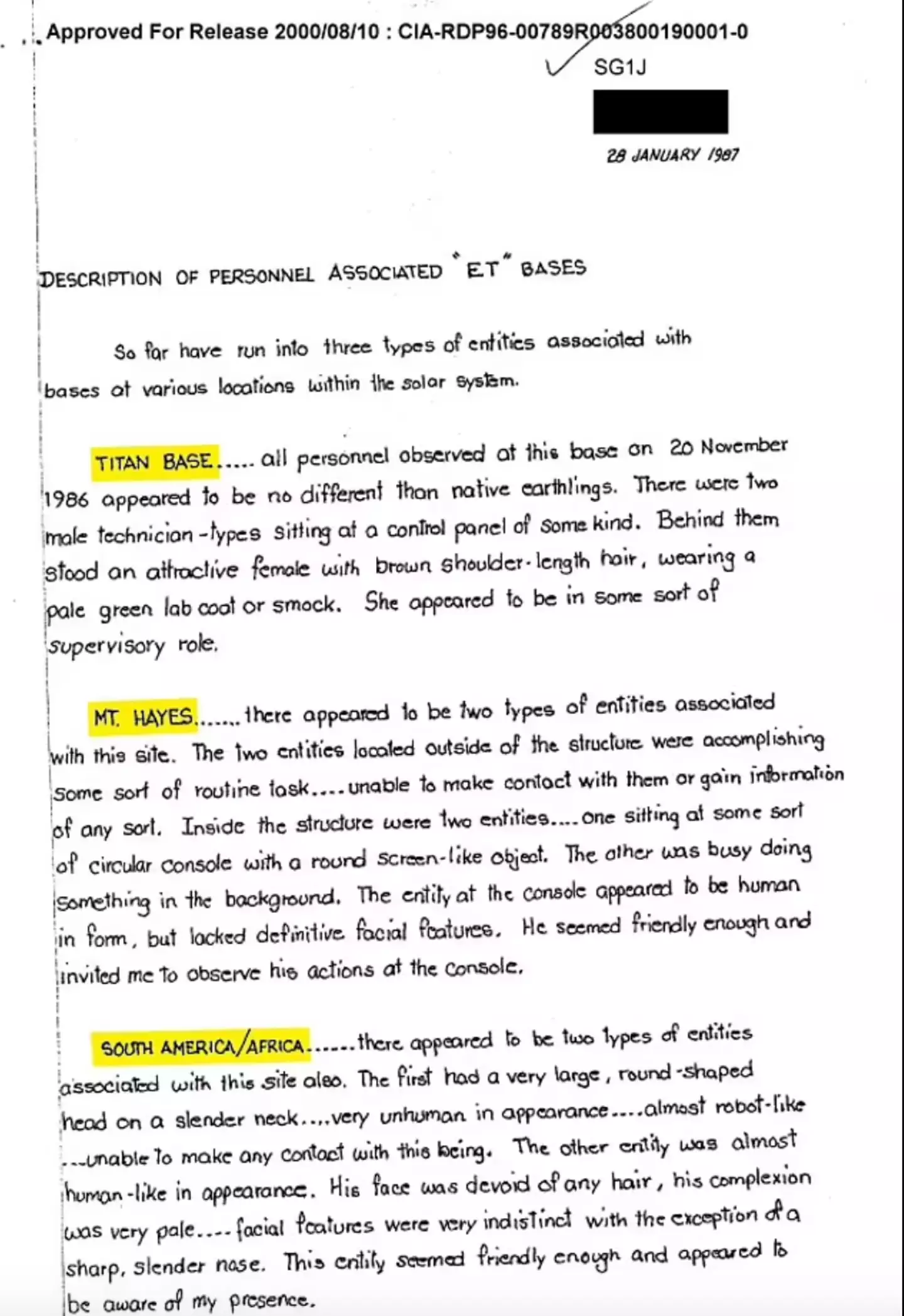 Descriptions for the three bases, two of which were allegedly on Earth (CIA)