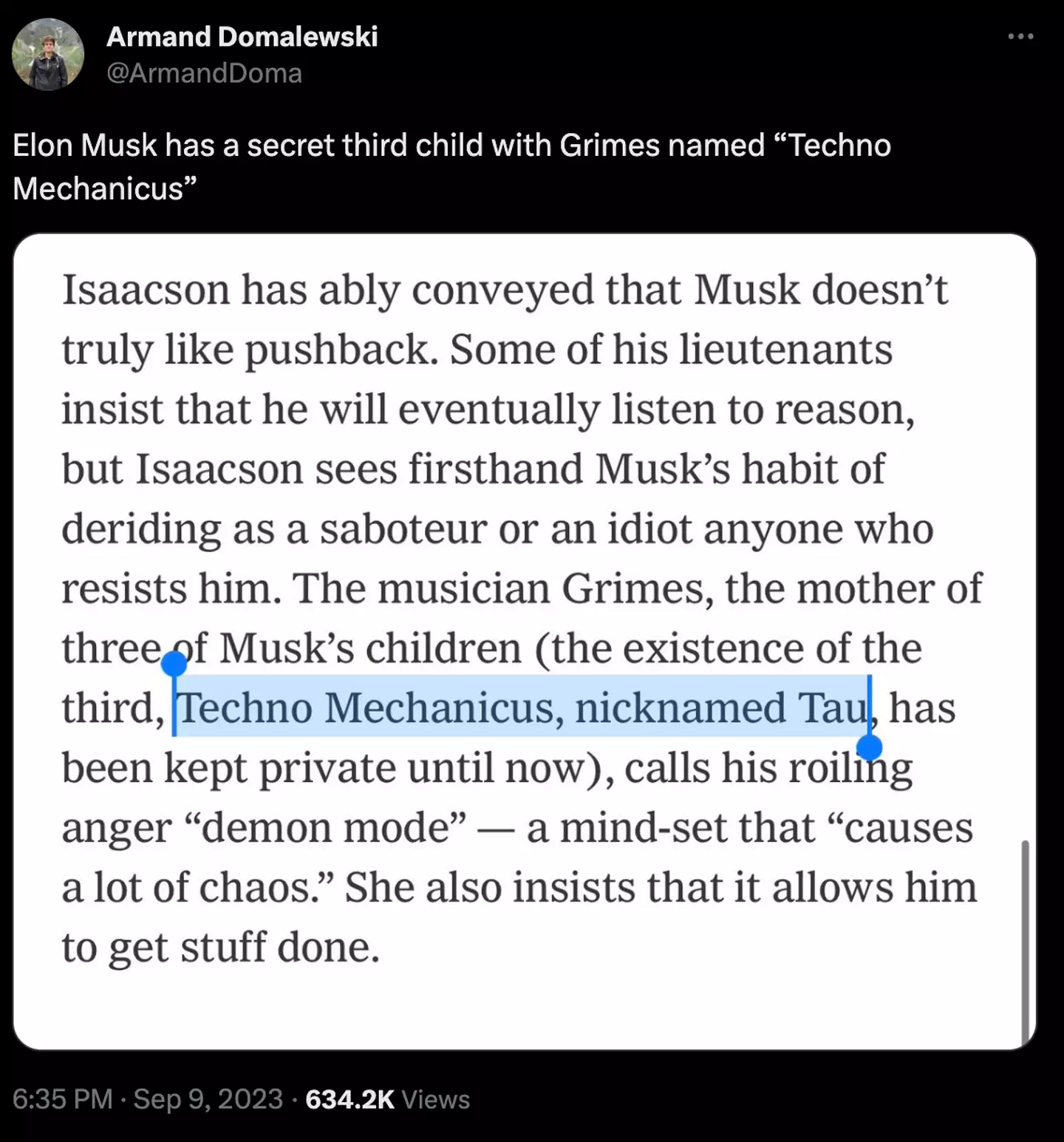 Elon Musk and Grimes' third child is called Techno Mechanicus.