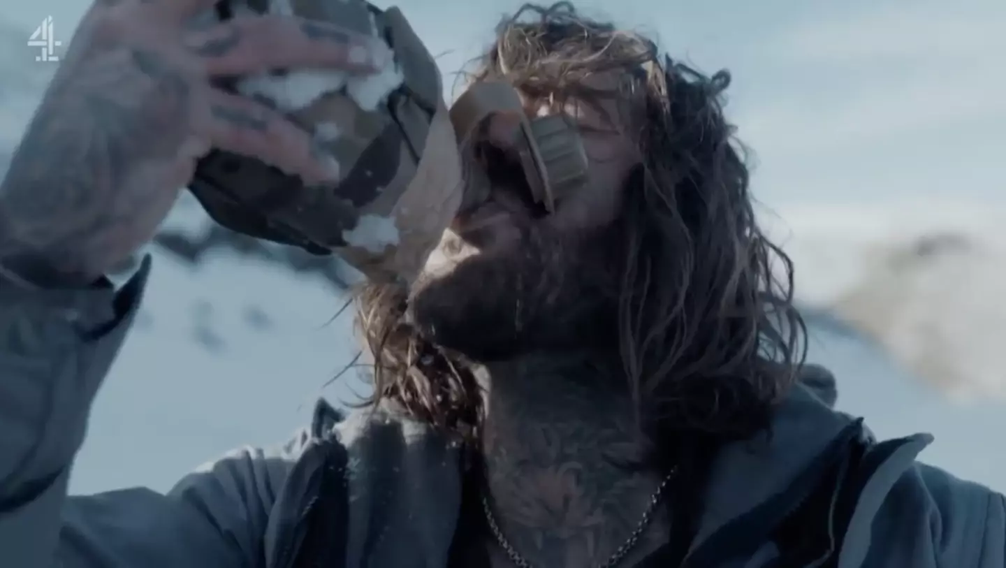 The reality star, 36, collapsed while dragging 130 pounds of kit up a snowy mountain (Channel 4)