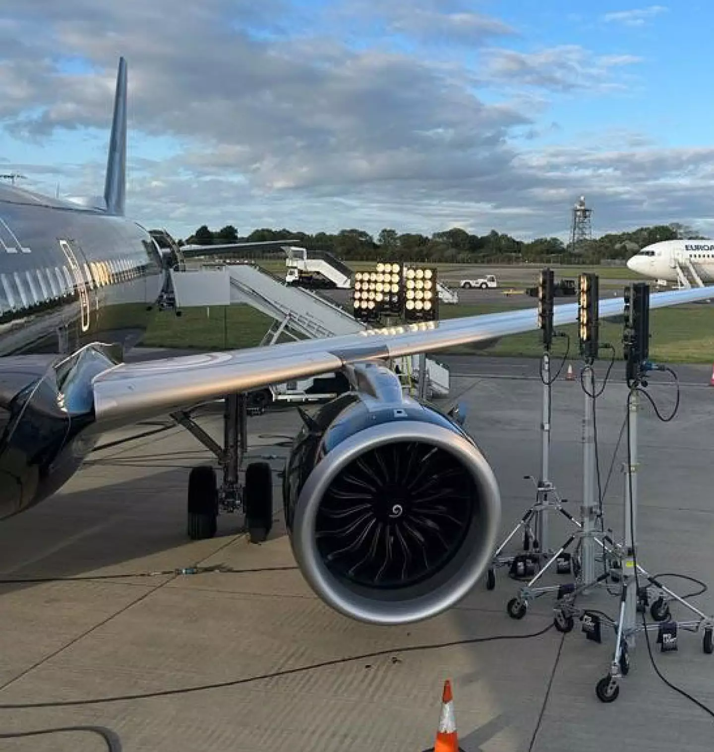 The plane had been close to lights for hours for a filming project the day before take off.