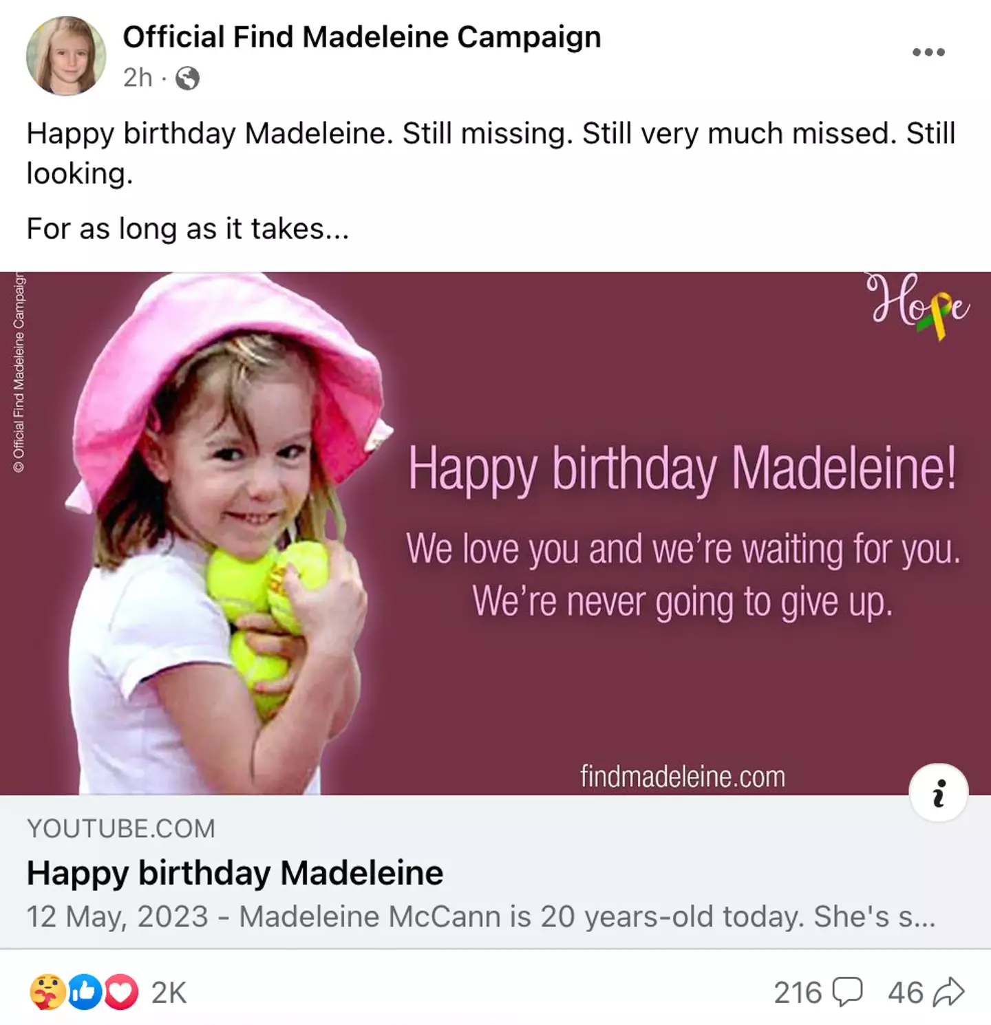 They marked her 20th birthday in a Facebook post.