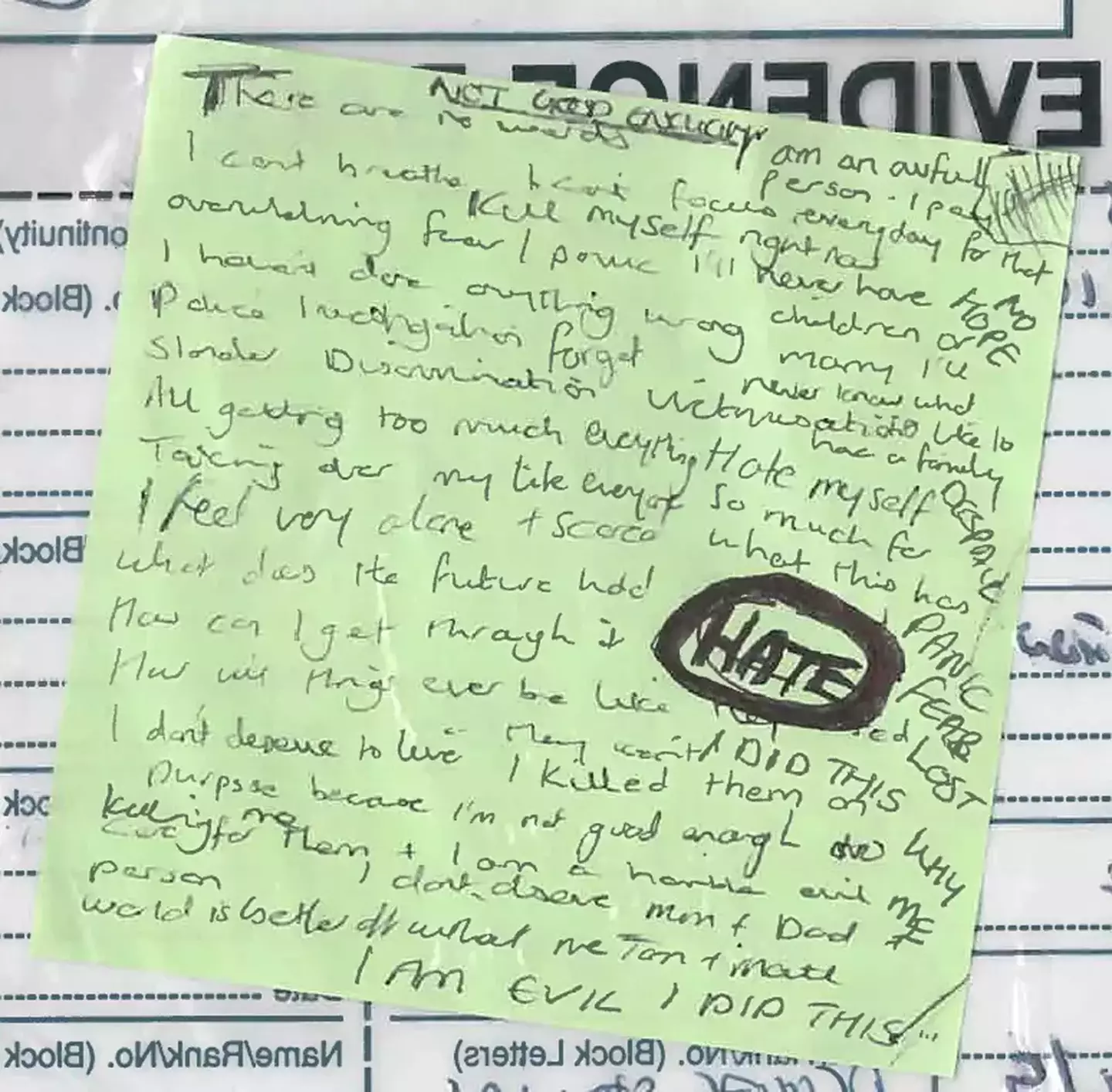 A post-it note written by Lucy Letby and shown to the court at her trial.