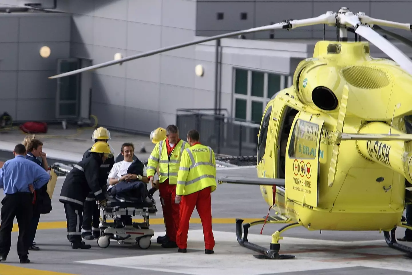 Richard Hammond being transferred from Leeds General Infirmary by the Yorkshire Air Ambulance in 2006.