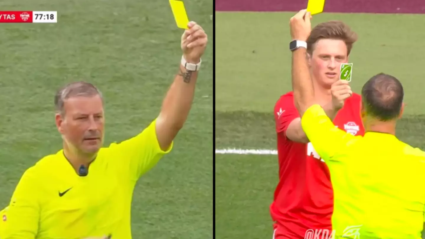 Player whips out an UNO Reverse card after he’s given a yellow card by the referee