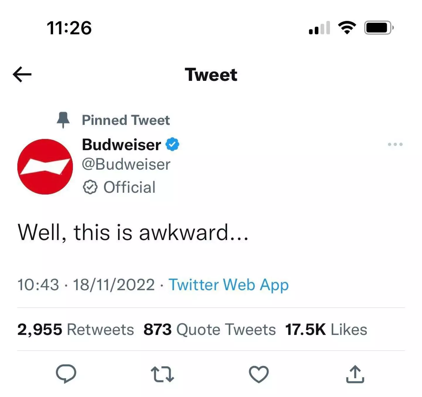 Budweiser have since deleted their tweet in response to alcohol being banned in all World Cup stadiums in Qatar.