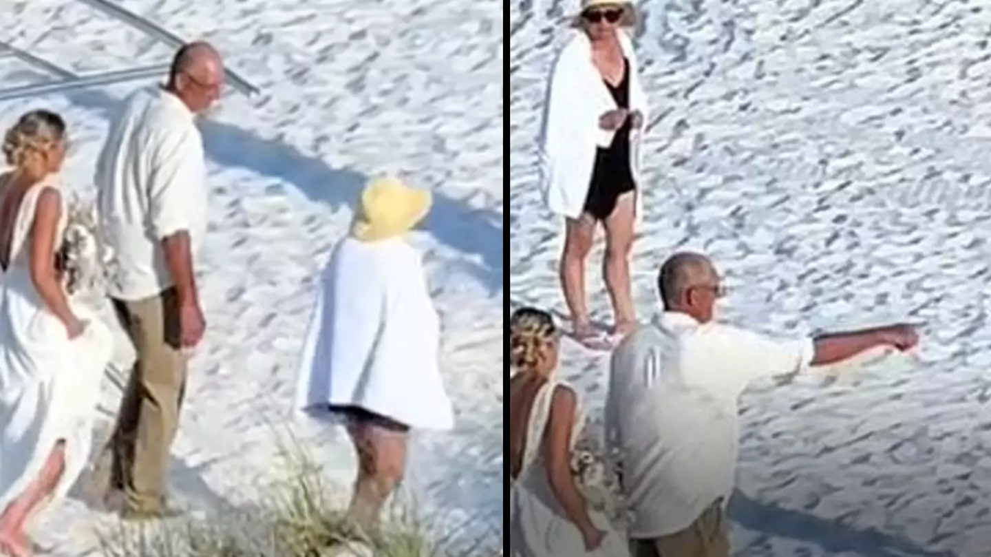 'Oblivious lady' walking through beach wedding has people engaged in a furious debate