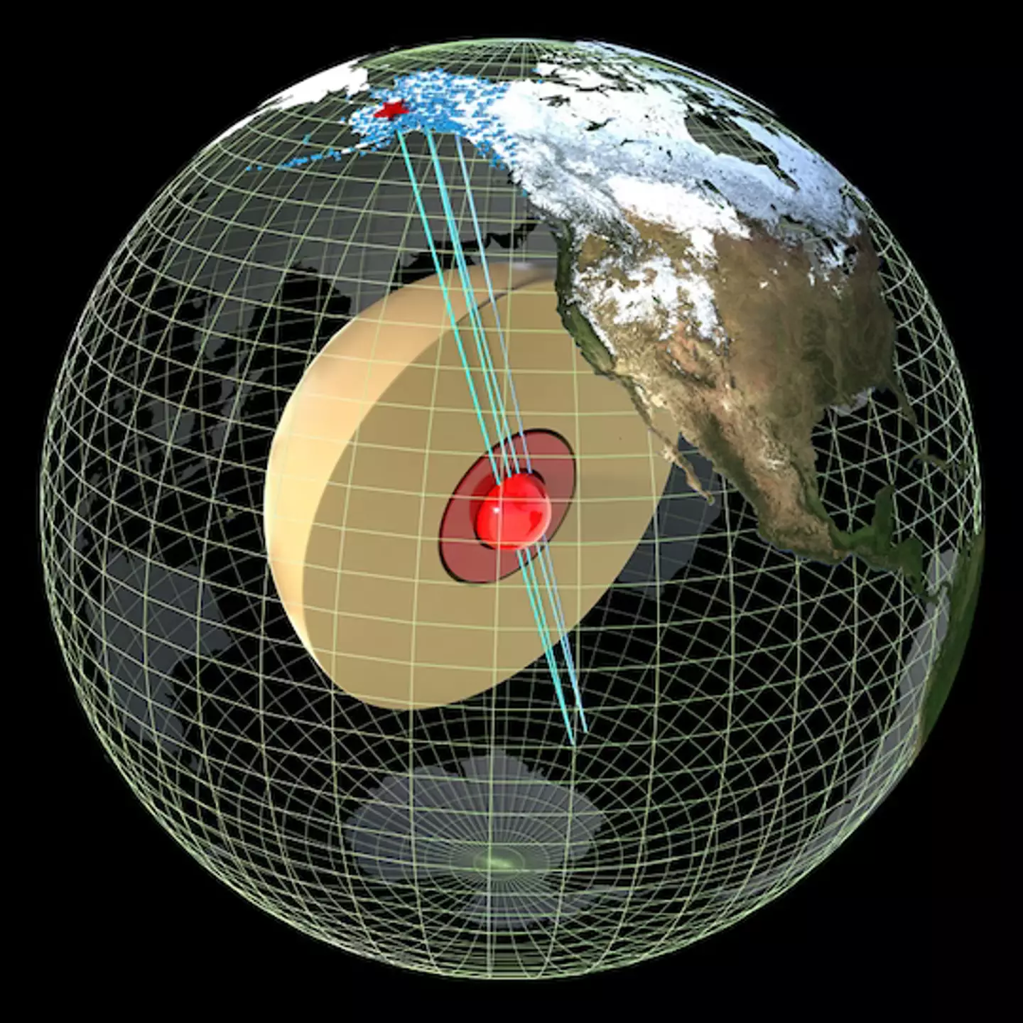 CGI of the newly found metal ball in the middle of the Earth.