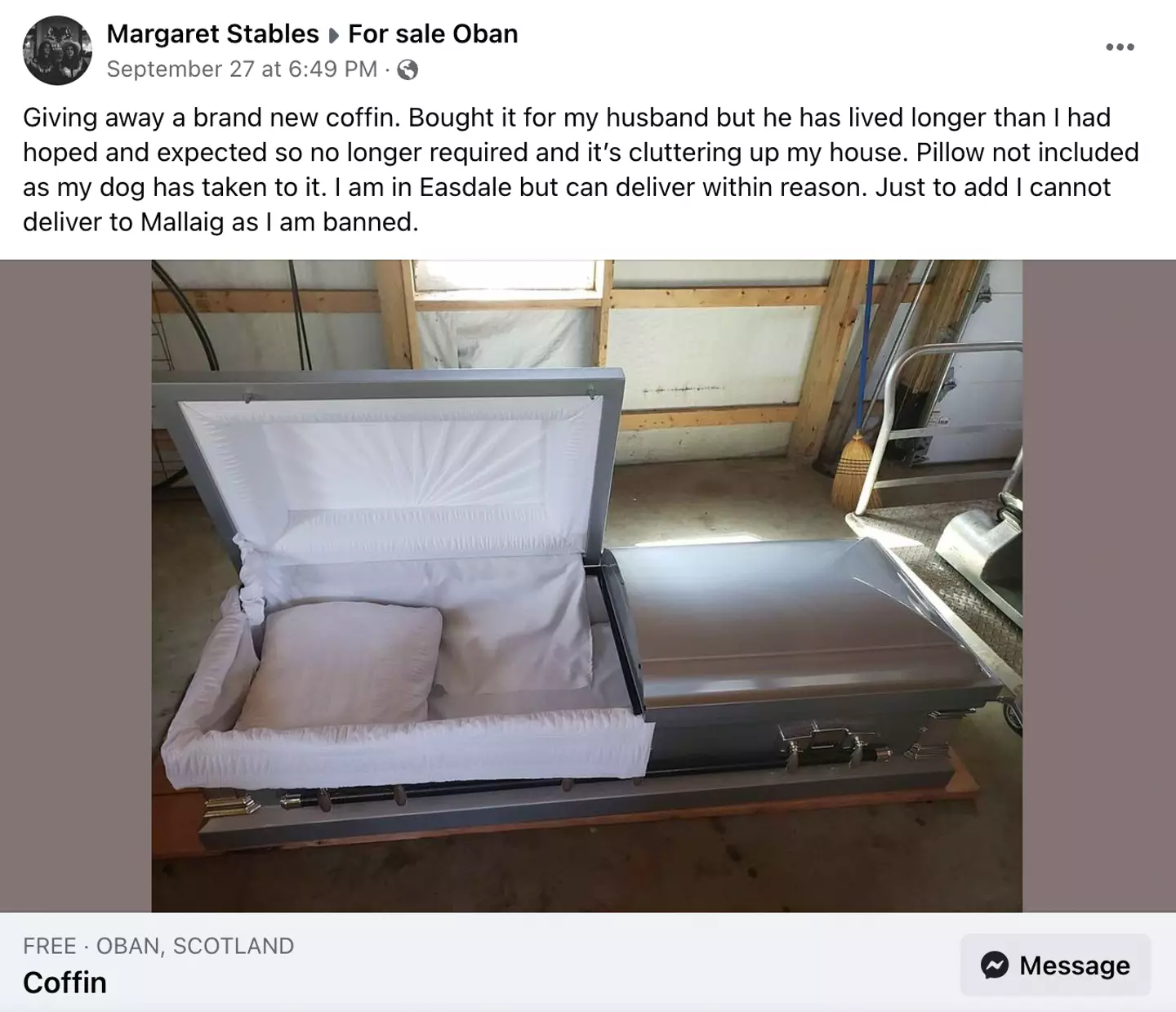 The coffin was being given away for free.