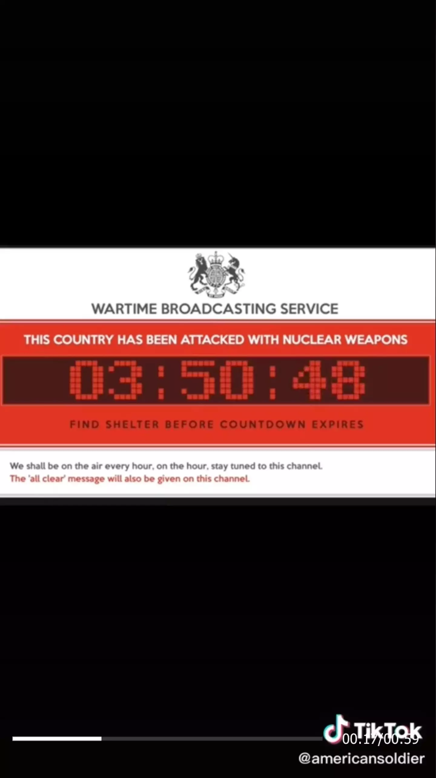 A TikToker has recently shared the footage of what a nuclear broadcast would look like in the UK - and it’s terrifying, to say the least (TikTok @americansoldier).