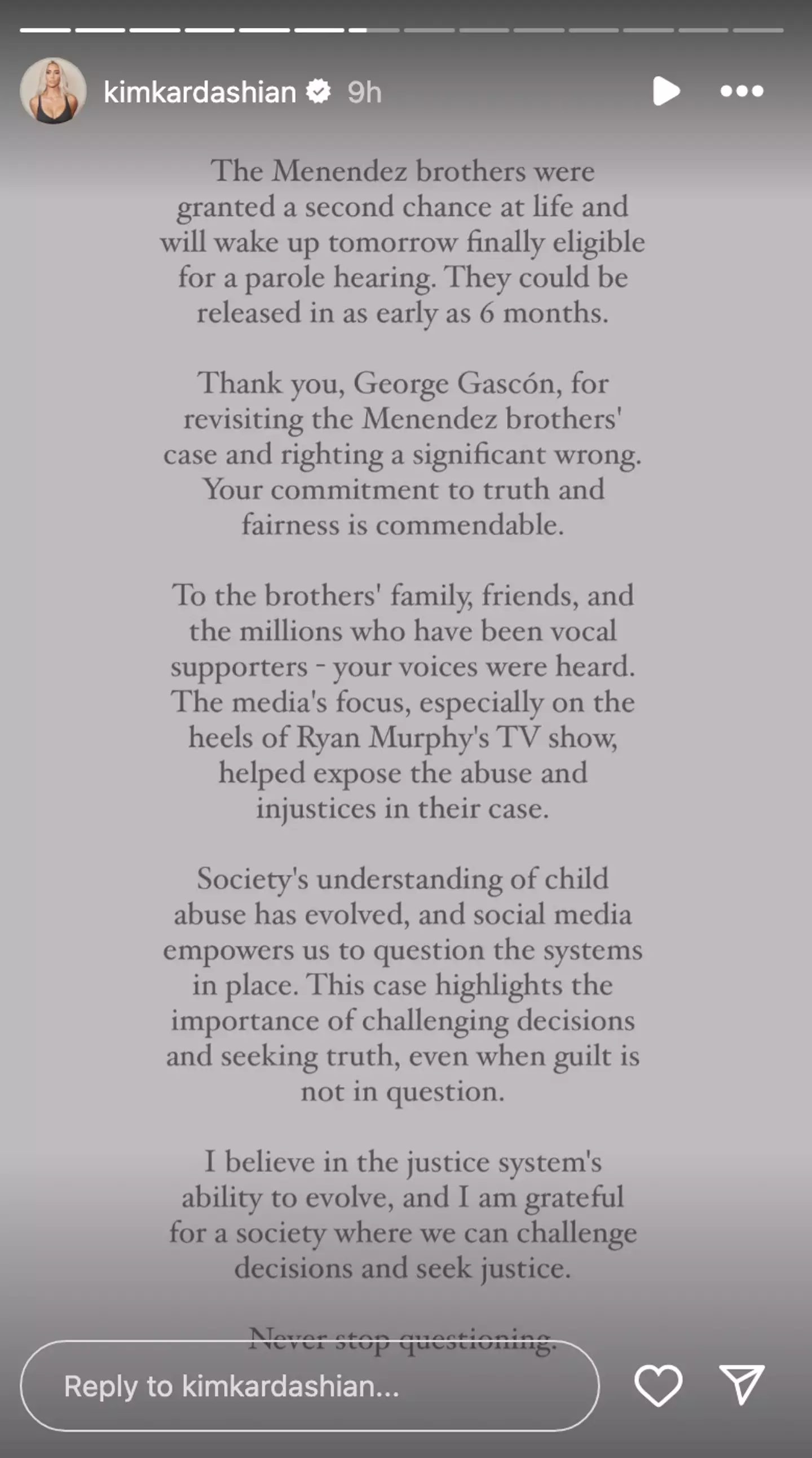 Kim Kardashian released a statement following the news (Instagram/kimkardashian)