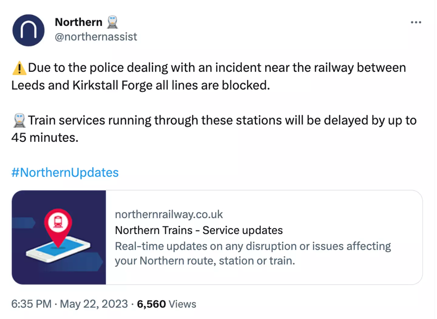 Northern Rail released an announcement on Twitter.