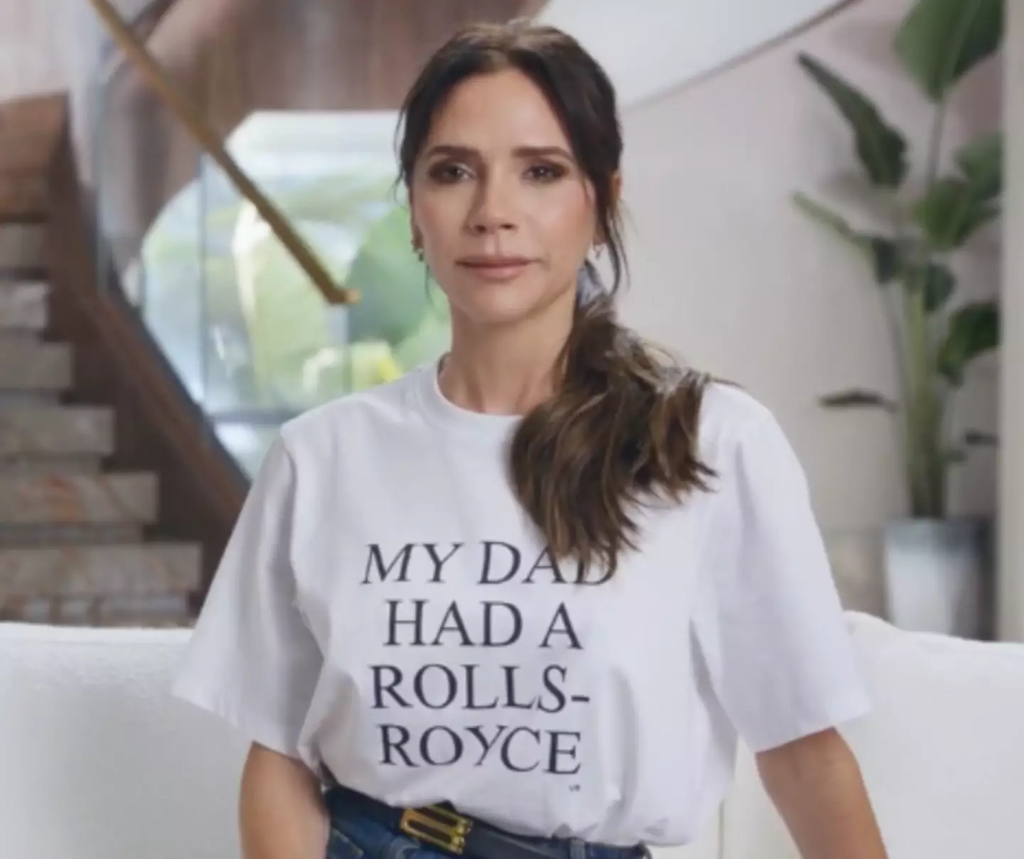Victoria Beckham hilariously sports a 'My Dad had a Rolls-Royce' t-shirt in the Super Bowl ad teaser.