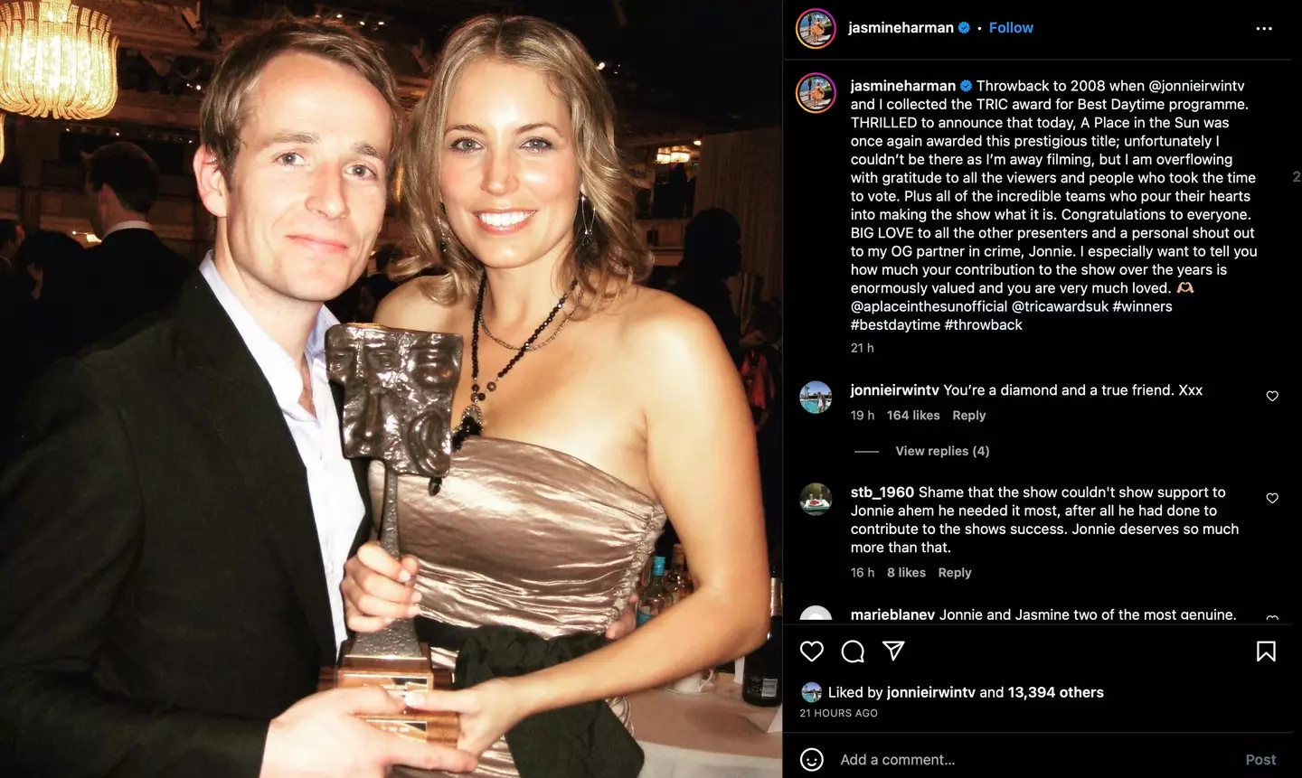 Jasmine Harman praised her 'partner in crime' Jonnie Irwin.