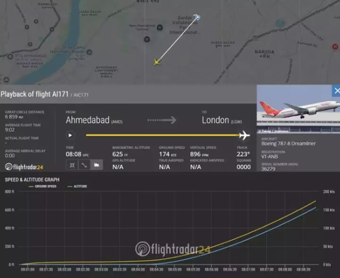Air India confirmed that the plane 'was involved in an accident today after take-off' (X/@flightradar24)