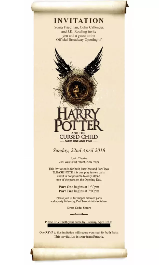 The invite sent to Jeffrey Epstein for the opening night of The Cursed Child (House Democrats)