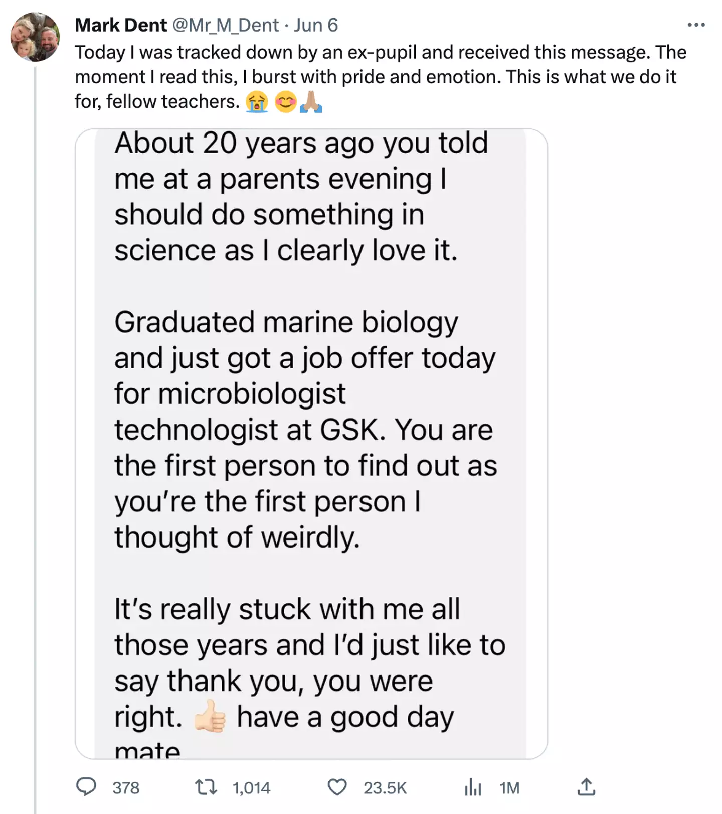 Mark shared the heartfelt message on Twitter.