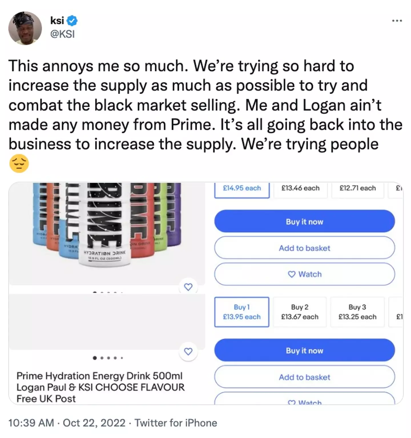 KSI has revealed neither he or Logan Paul have made any money from Prime.