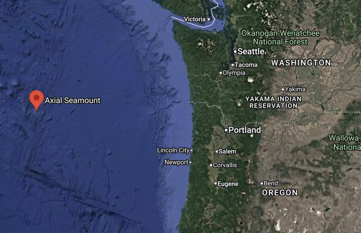Location of Axial Seamount in regards to the western USA (Google Maps)