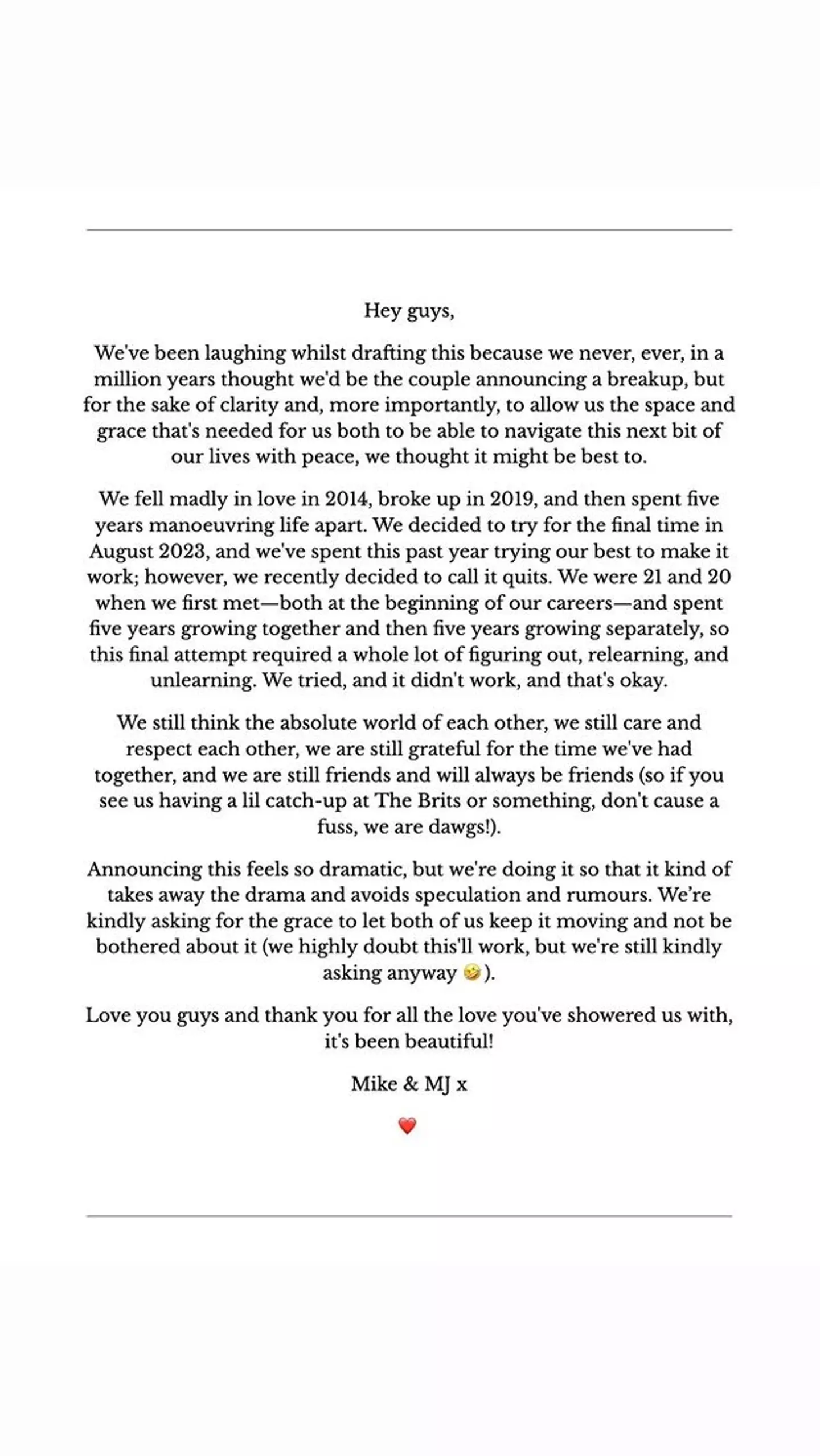 The break-up statement, posted online.(Instagram/@mayajama)
