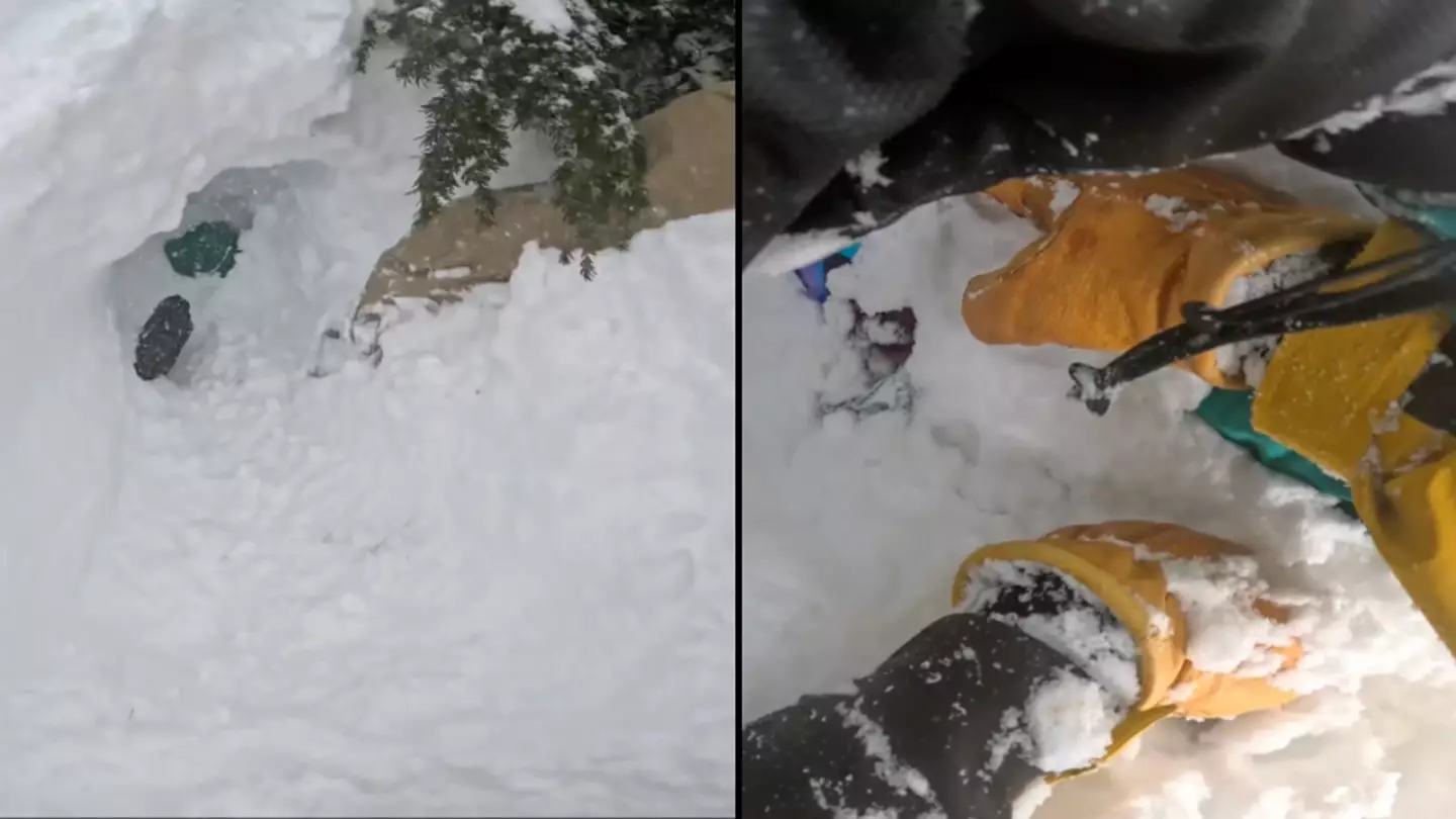 Incredible moment buried alive snowboarder is saved by skier who spotted feet on mountain