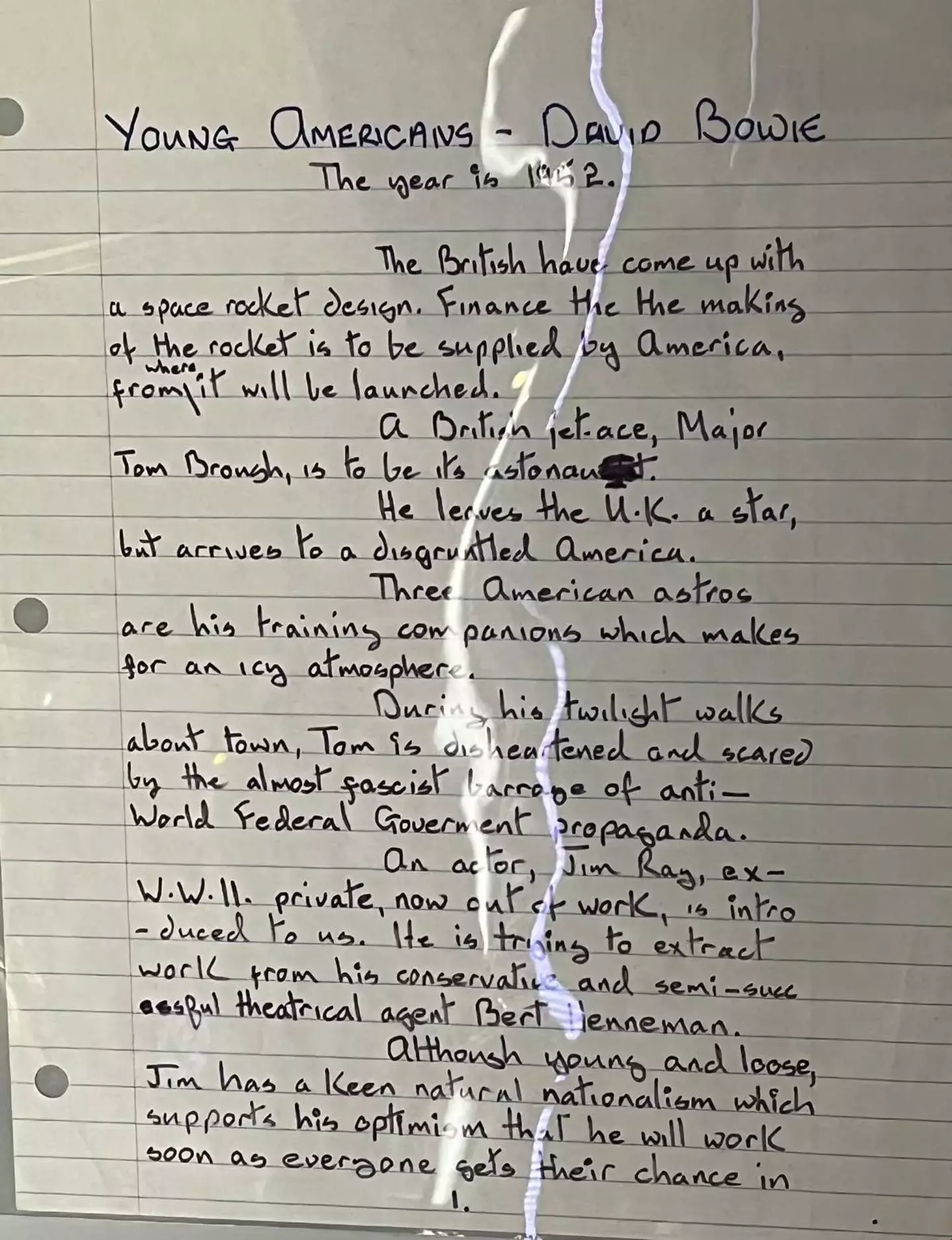 A handwritten synopsis for a film called Young Americans was found (Victoria and Albert Museum London)