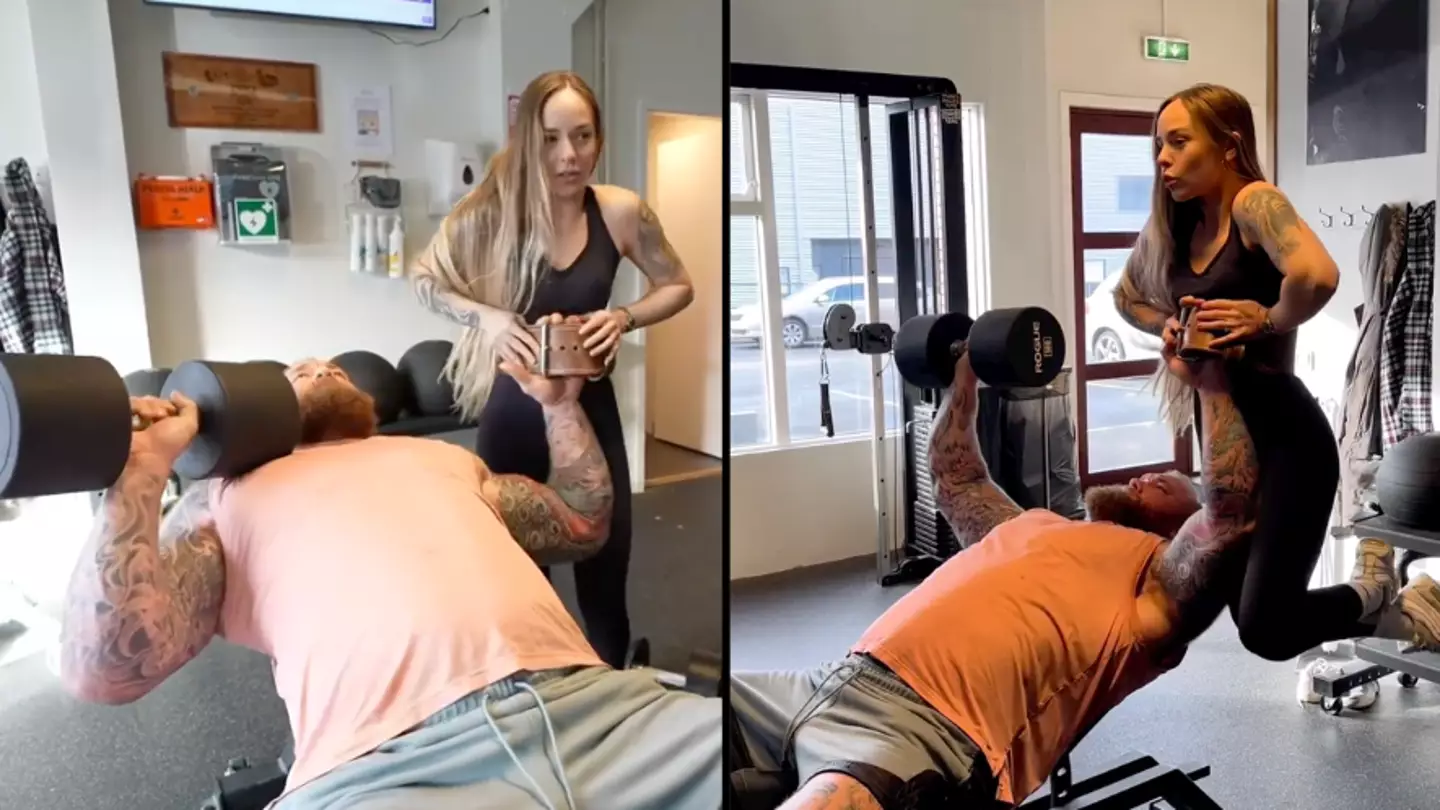 Hafþór Júlíus Björnsson uses his wife as a dumbbell during a bench press