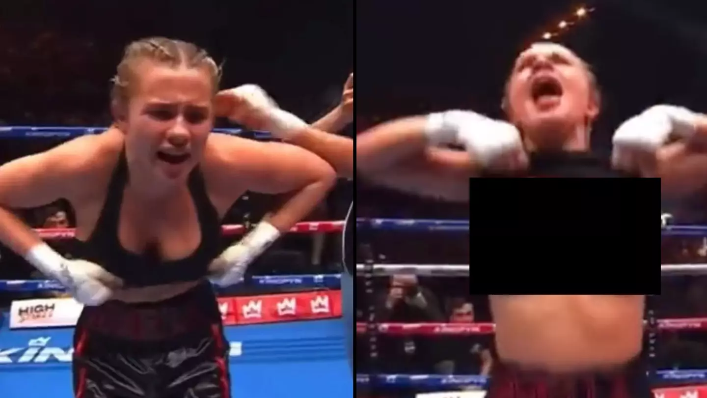 OnlyFans boxer Daniella Hemsley lifts her top to celebrate first ever victory