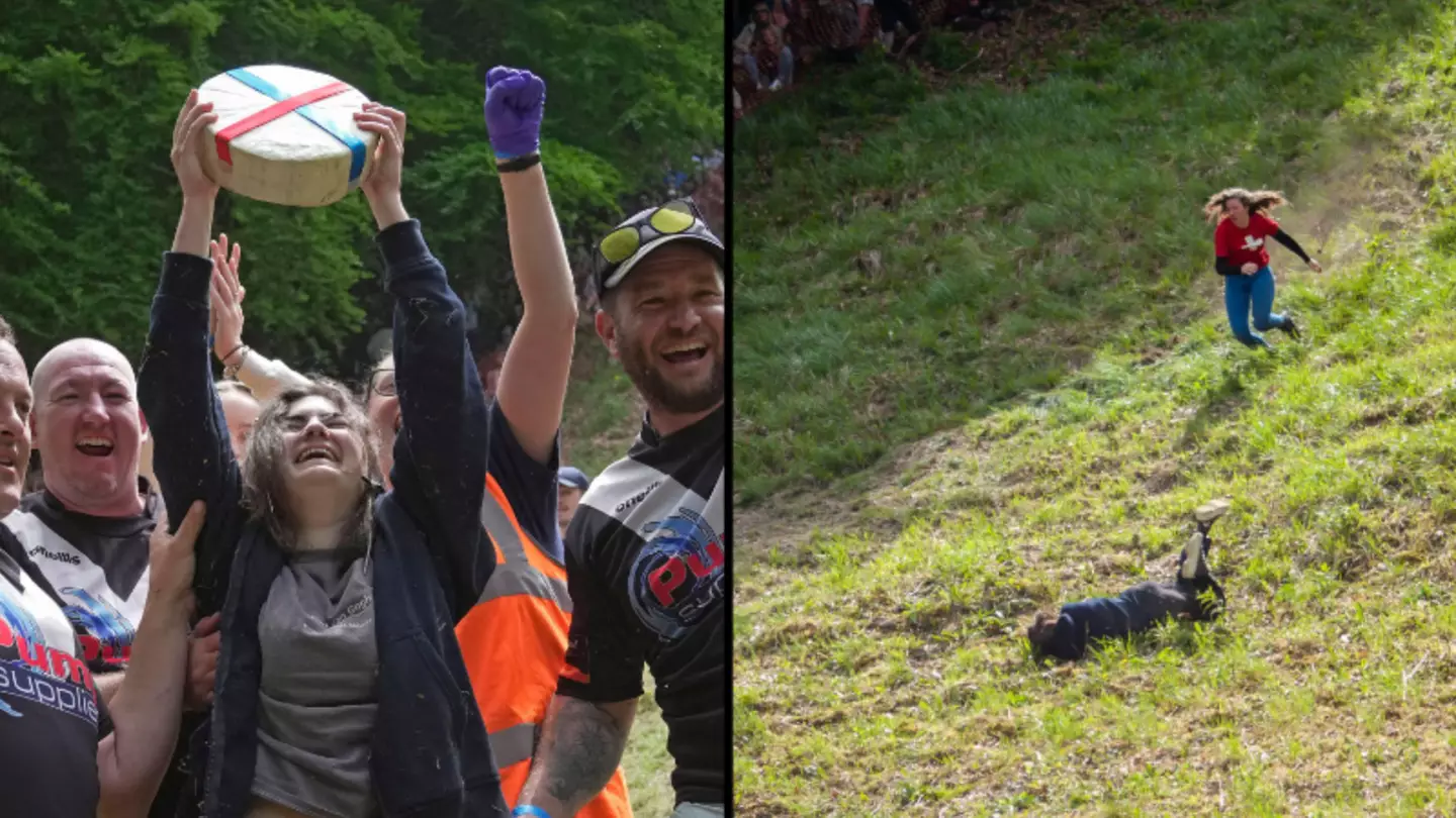Woman wins cheese rolling race despite being knocked unconscious in brutal fall at the finish line