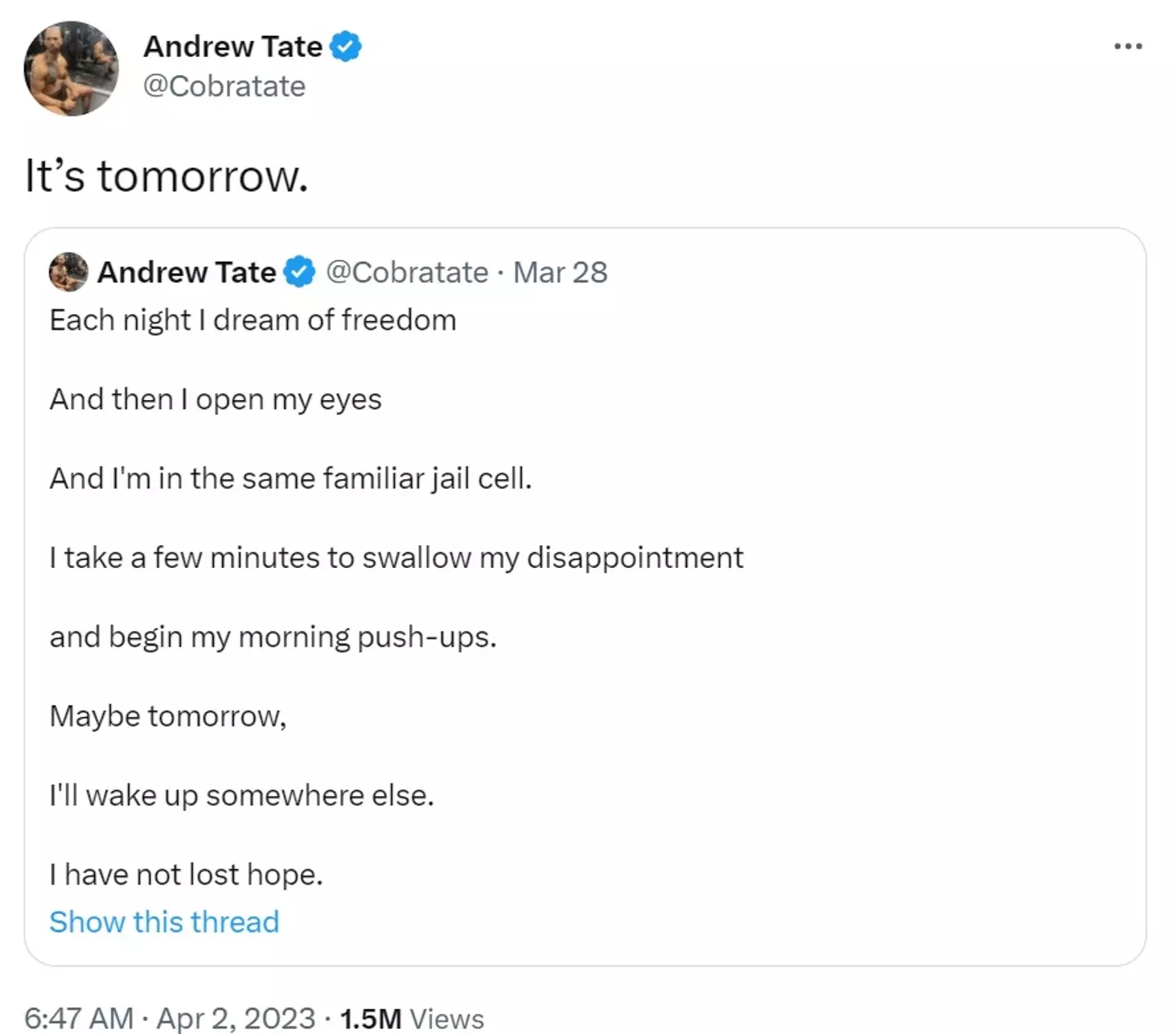 First he was pacing around his house with a cigar, now he's posting cryptic stuff onto Twitter.