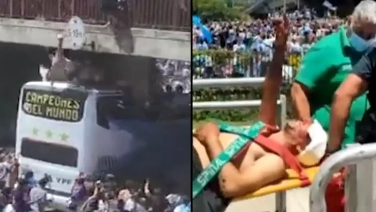 Argentina fan taken away on stretcher after falling trying to jump from bridge onto team bus