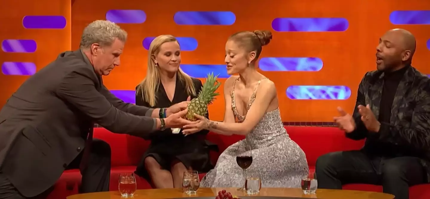 Will Ferrell pinched the pineapple out of the fruit bowl and gave it to Ariana Grande (BBC)