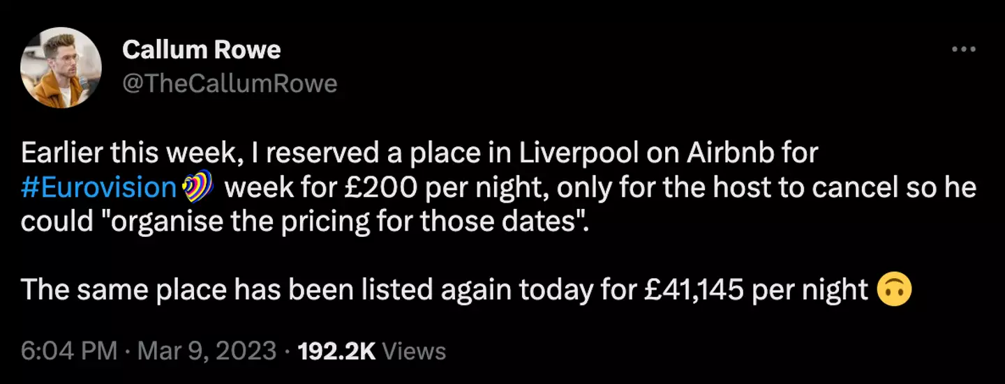 The price of the Airbnb accommodation allegedly rose from £200 per night to £41,145-a-night.