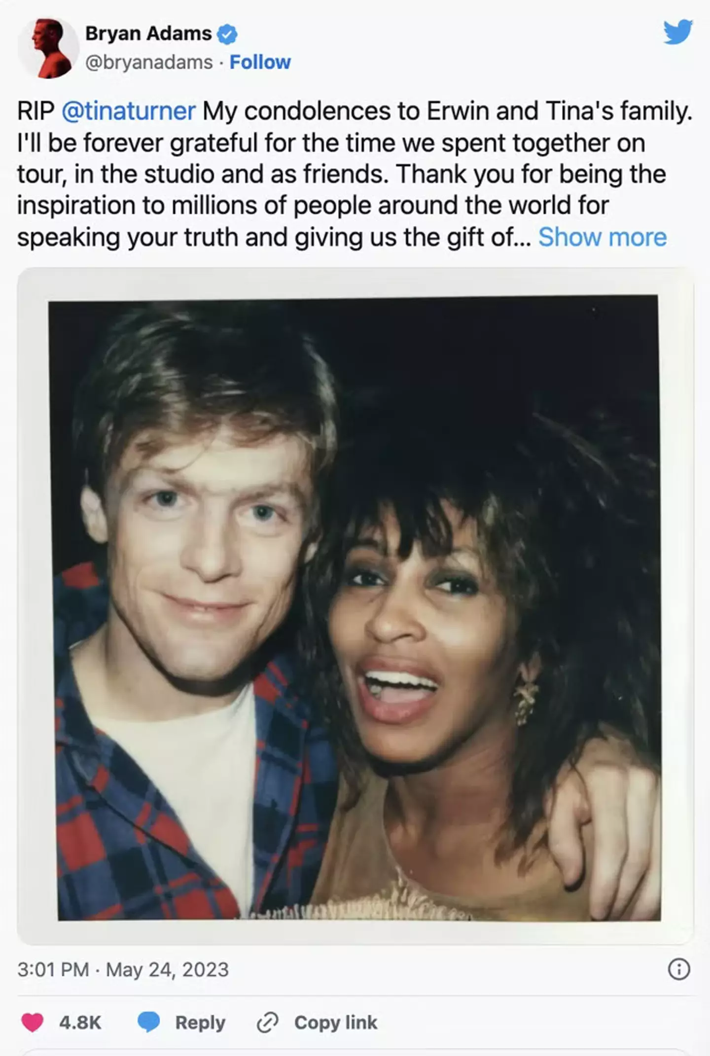 Bryan Adams paid tribute to Turner on Twitter.