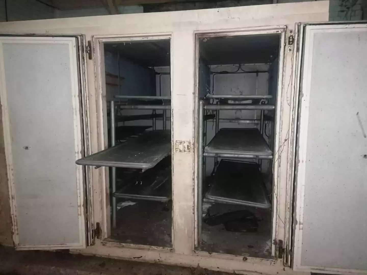 The body lockers in a morgue discovered by explorers.