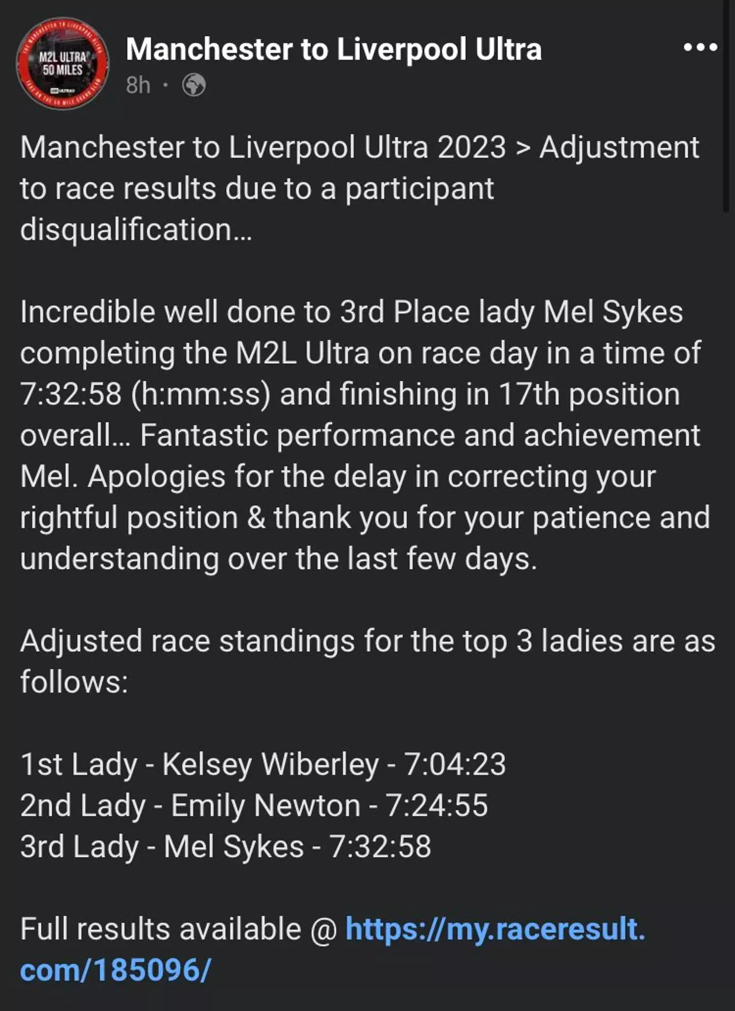 Fellow ultrarunner, Mel Sykes, shared the updated race results to Twitter.