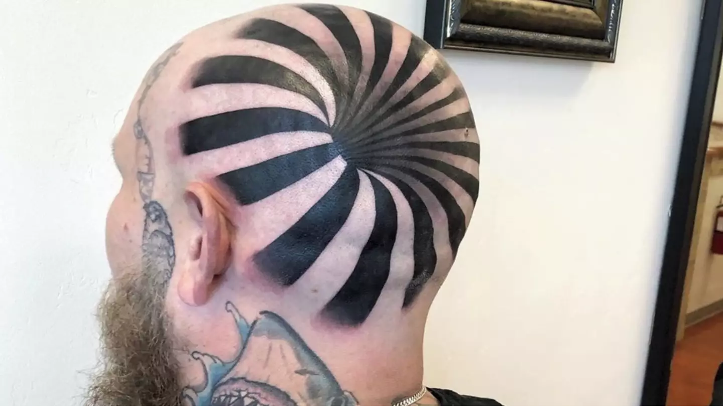 Man's 'optical illusion' tattoo looks like he has a massive hole in his bald head