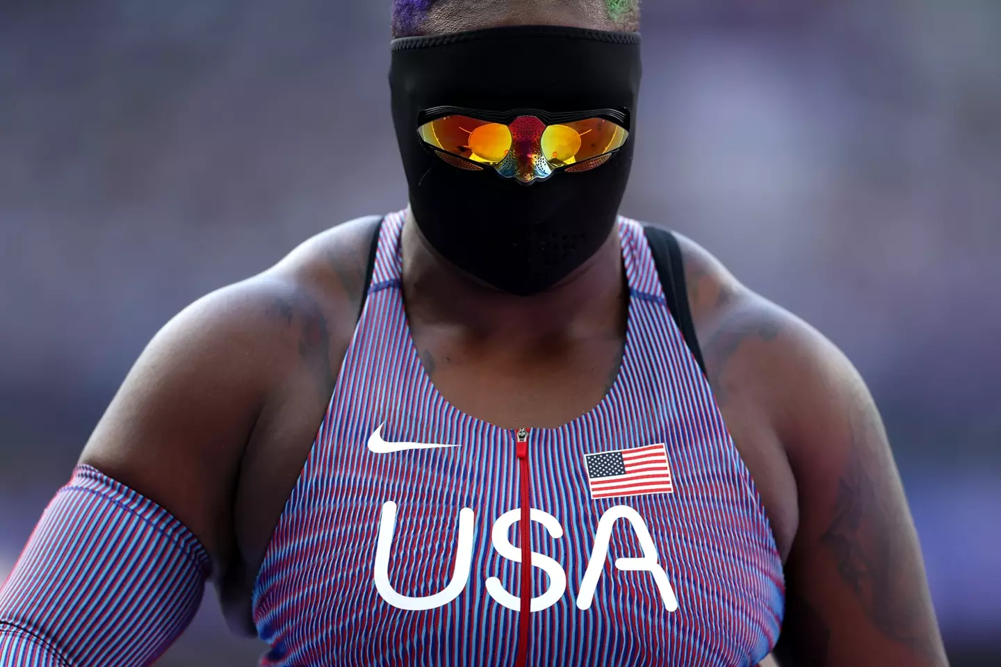 Raven Saunders wears a mask for a very particular reason. (Patrick Smith / Getty Images)