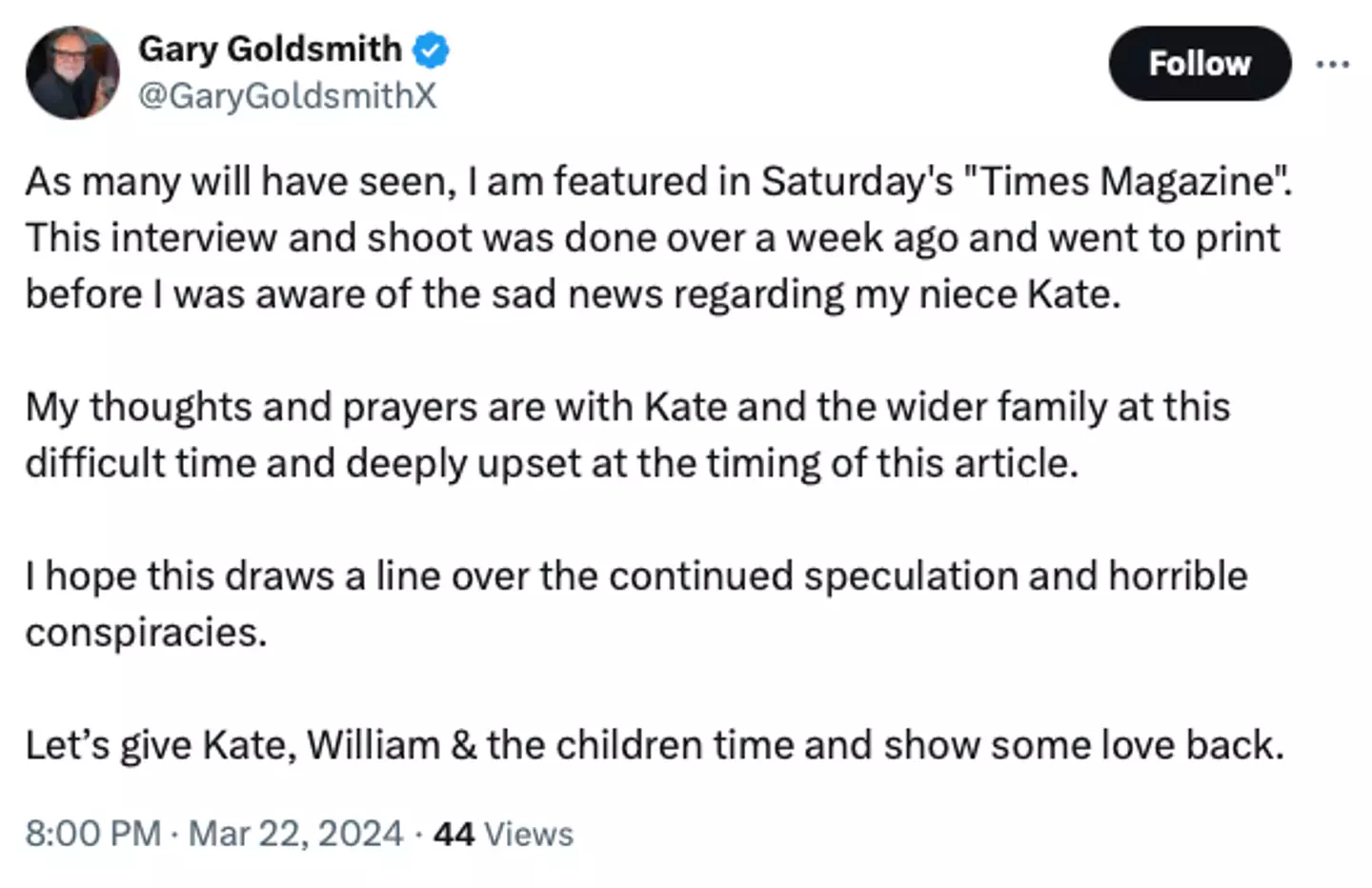 Kate Middleton's uncle Gary Goldsmith will not be making a planned appearance on Celebrity Big Brother this evening amid the news that his niece is in the early stages of preventative cancer treatment.