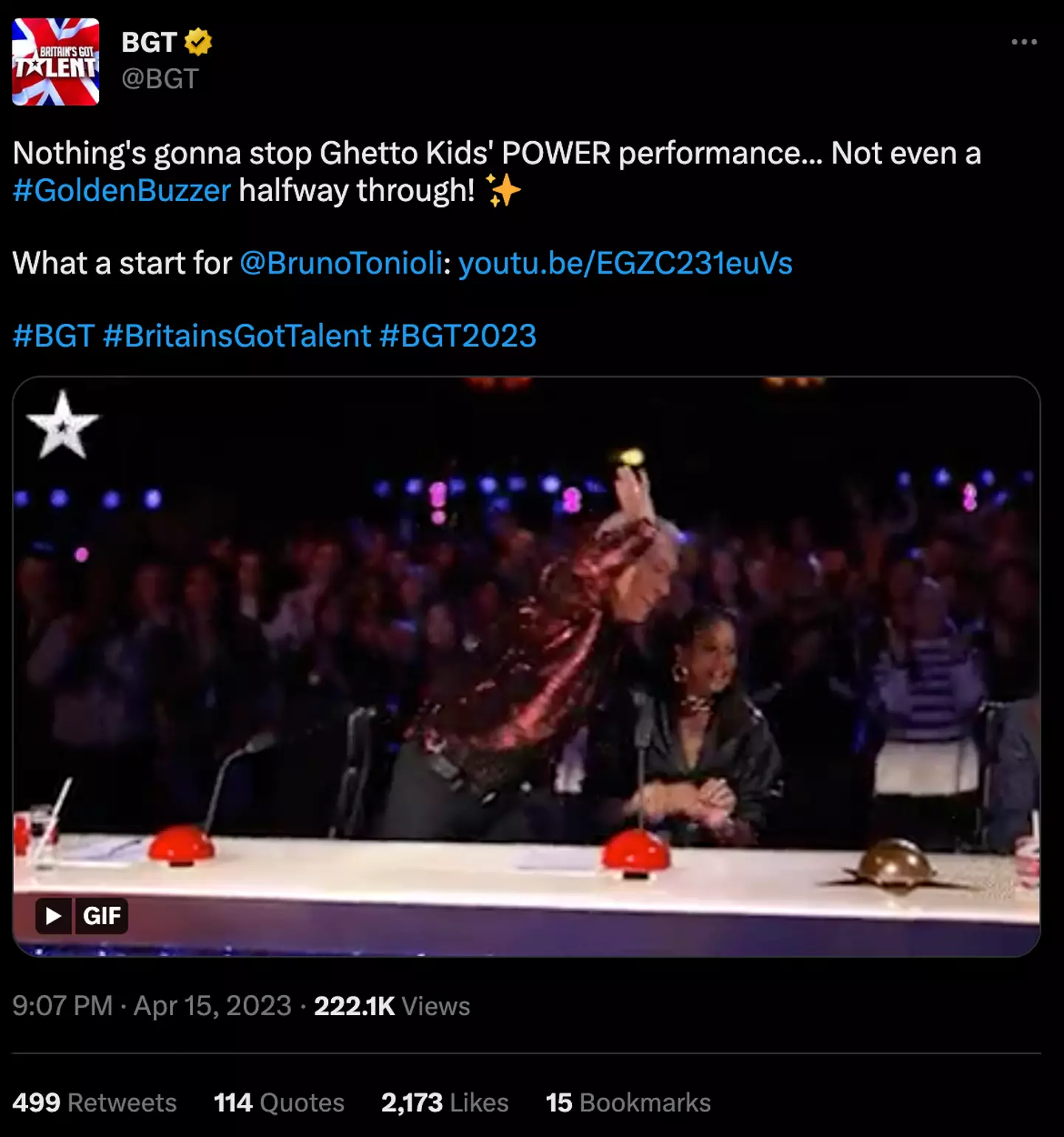 Thankfully, neither Ghetto Kids or Simon Cowell seemed to be too fazed by Tonioli's incorrect use of the golden buzzer.