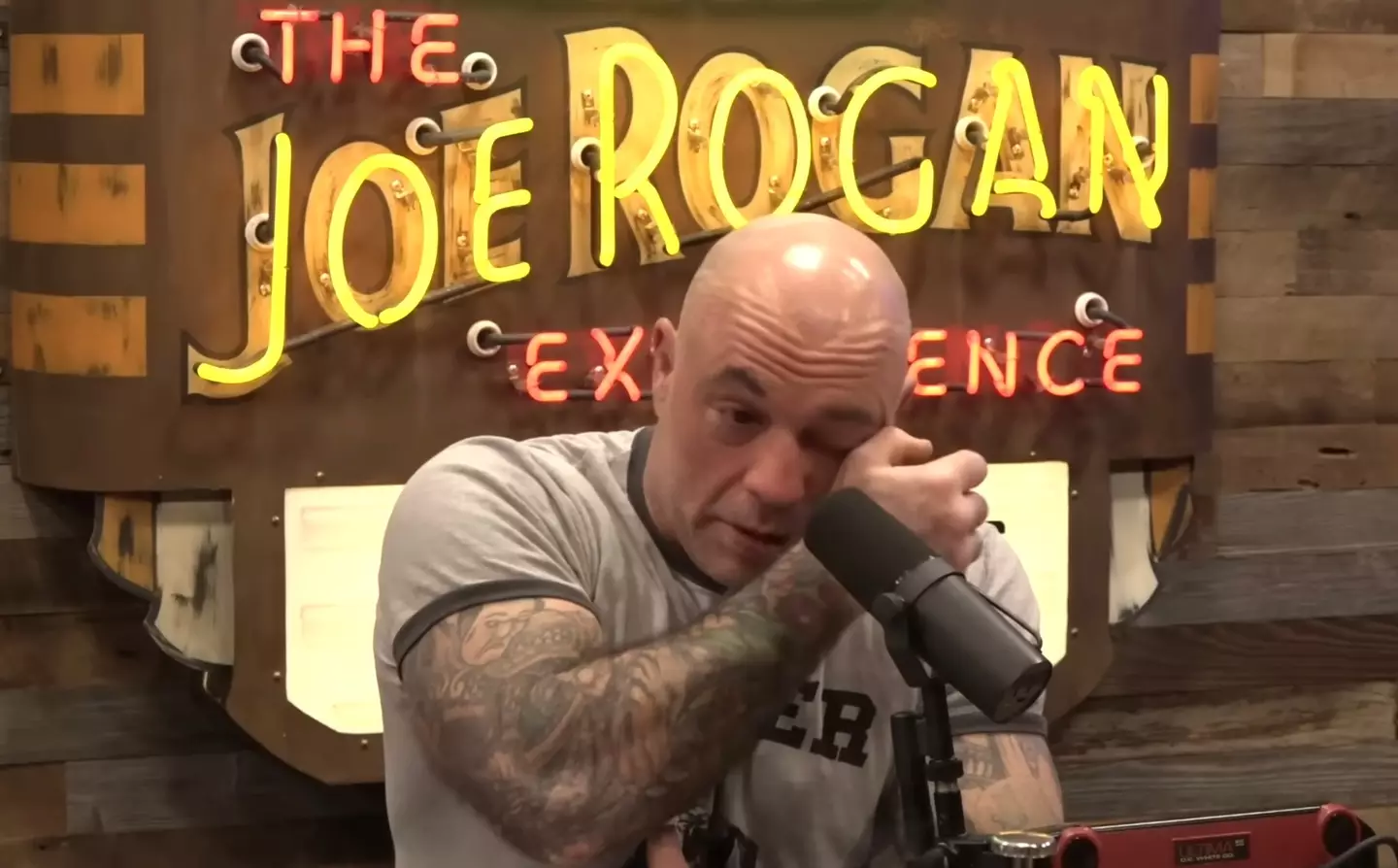 Joe Rogan was seen wiping away tears as he recalled what happened to his neighbours in 2018 (YouTube/PowerfulJRE)