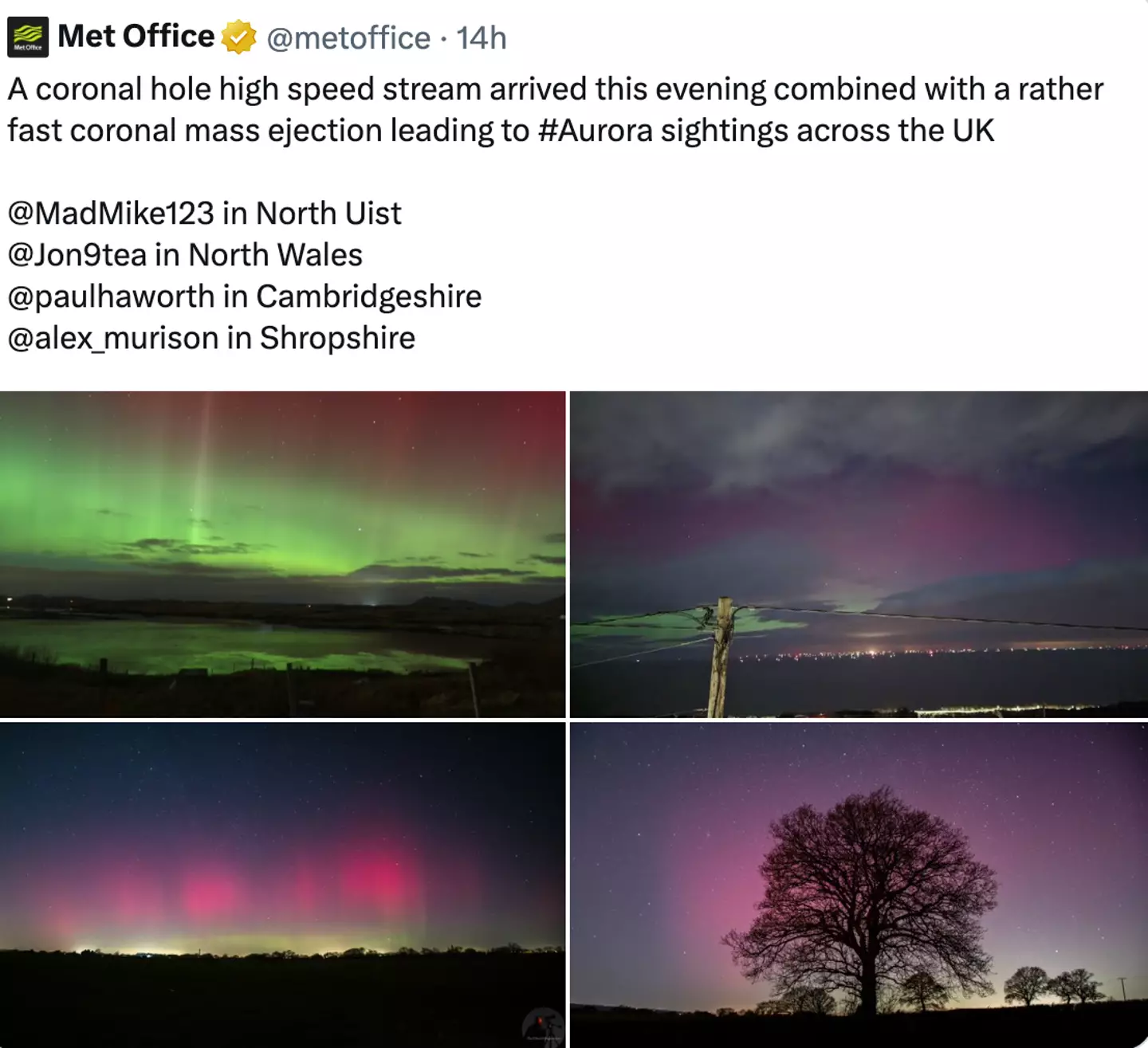 The lights were visible from across the UK on Sunday.