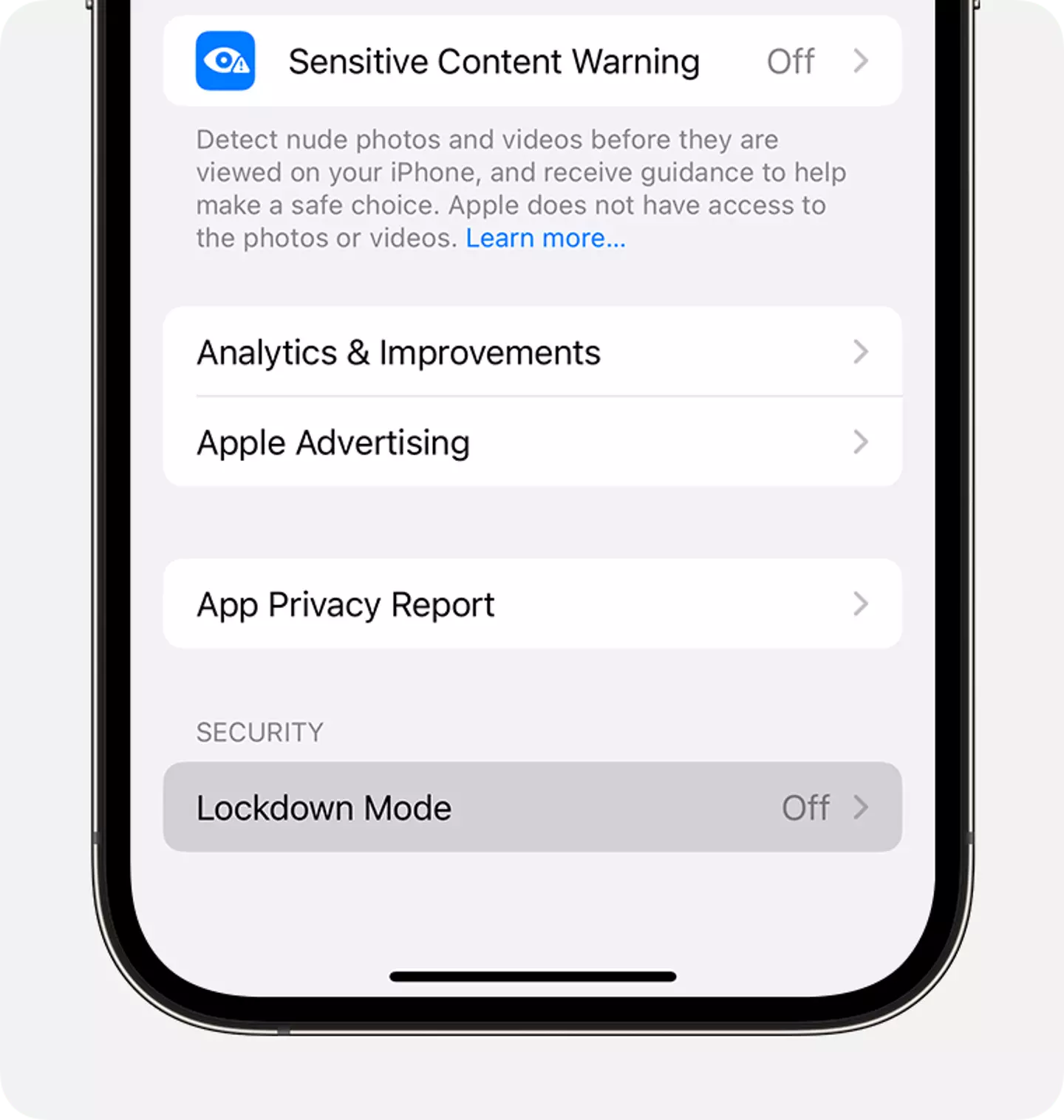 Lockdown Mode on an iPhone (Apple)